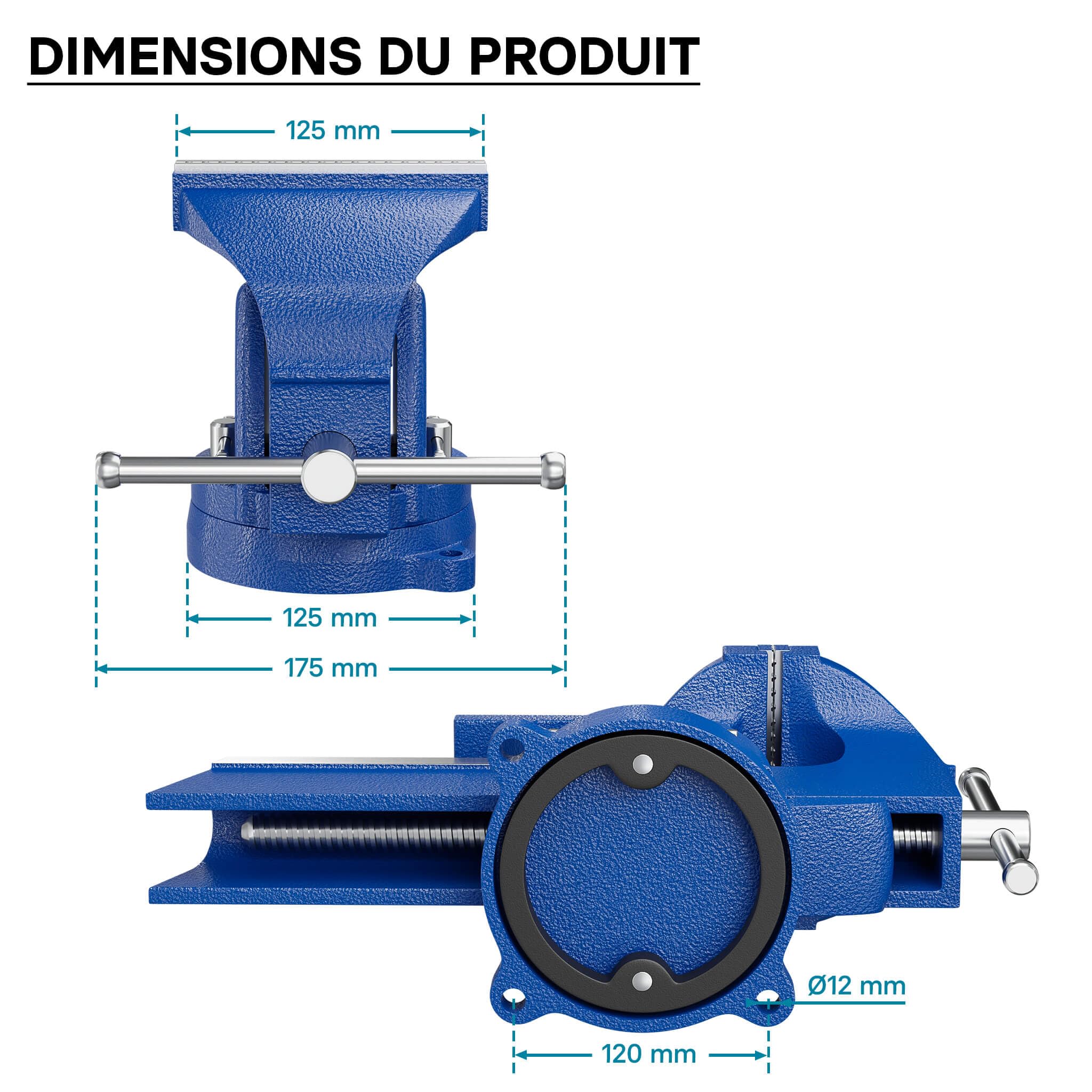 WilTec Étau d’atelier Heavy Duty 125 mm Mâchoire de serrage & Enclume pour Contrainte importante Établi, Argent, Gris, Bleu