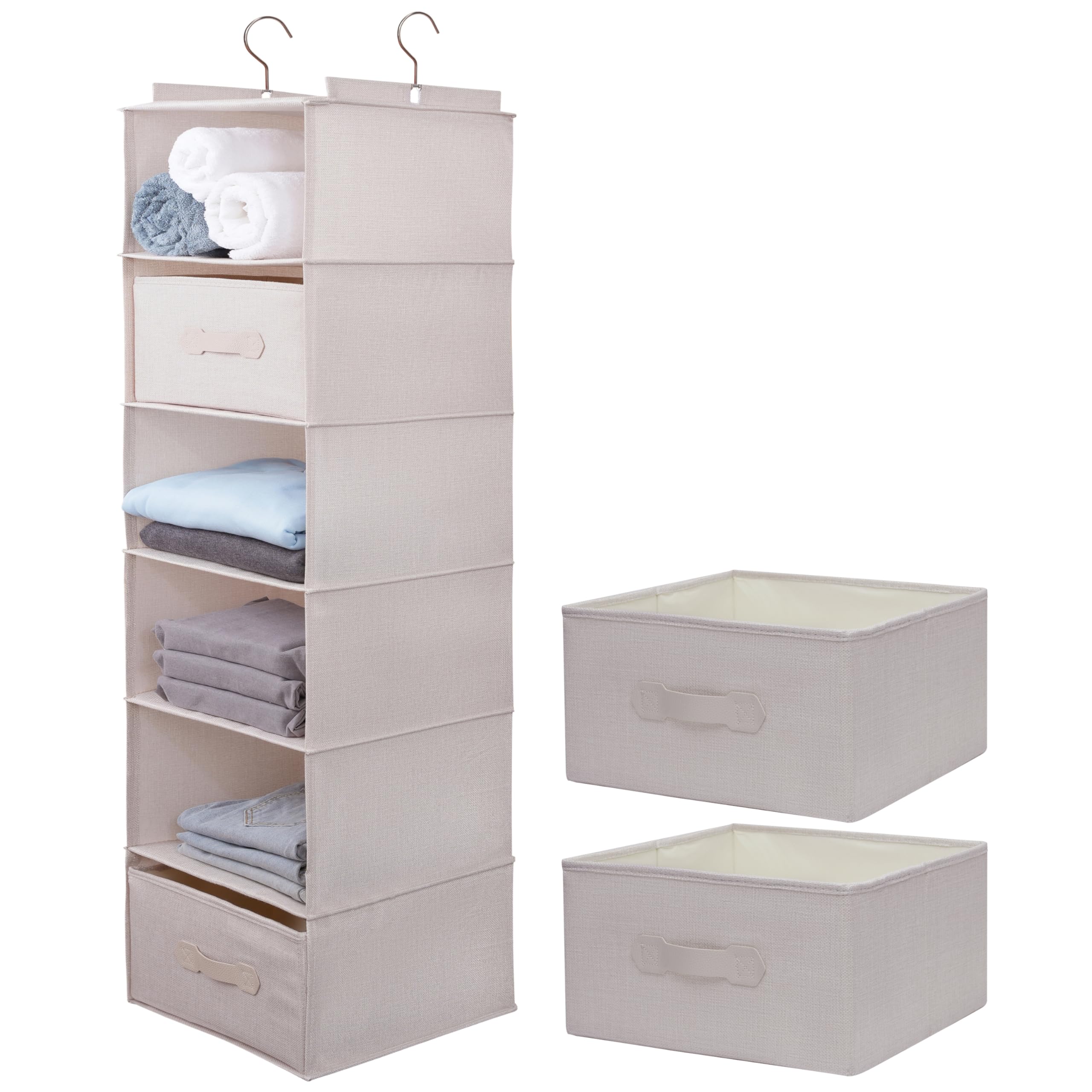 Tulinstiraga Beige Large Hanging Sweater Organizer For Closet,Collapsible 6-Shelf Hanging Closet Shelves With Drawers, Washable ( -6 Shelf-2 D)