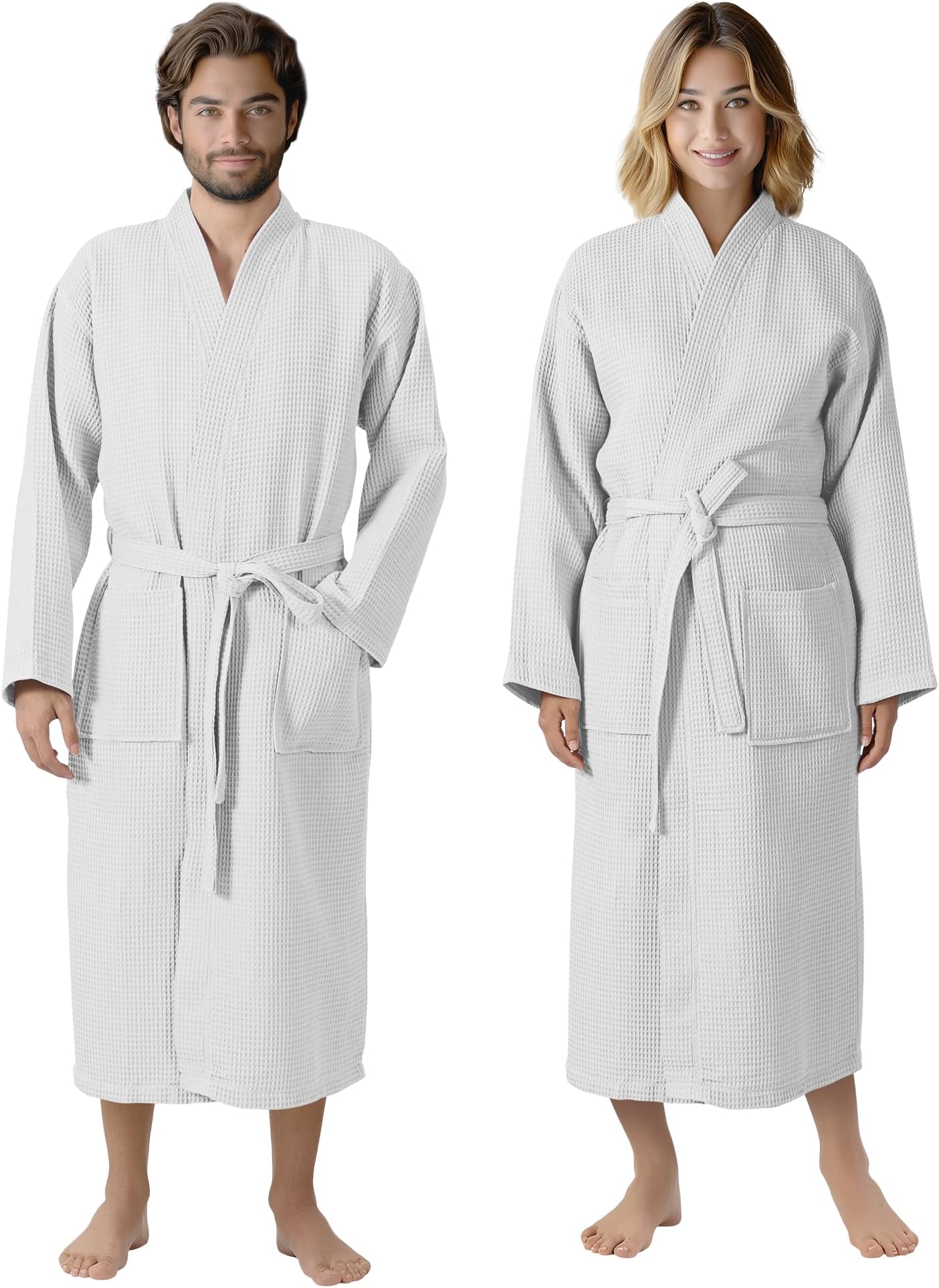 Waffle Cotton Dressing Gown Men and Women - Womens Mens Dressing Gowns Lightweight Bathrobe - Towelling Spa Robe Bathrobes - Towel Bath Robes for Ladies - White - Small