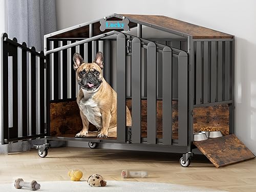 EasyCom Muebles resistentes de 31 pulgadas para perros, para interiores con ruedas de 360°, jaulas decorativas para perros pequeños, jaula de madera