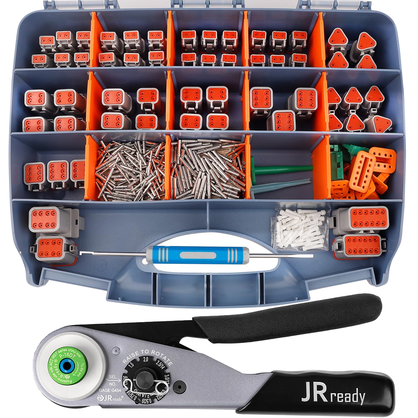 JRready ST6359 Deutsch Connector Kit, 2 3 4 6 8 12 Pin DT Connectors, Size 16 Solid Contacts 16-20AWG, Deutsch Crimp Tool, Deutsch Pin Removal Tool. Waterproof Automotive Electrical Connectors
