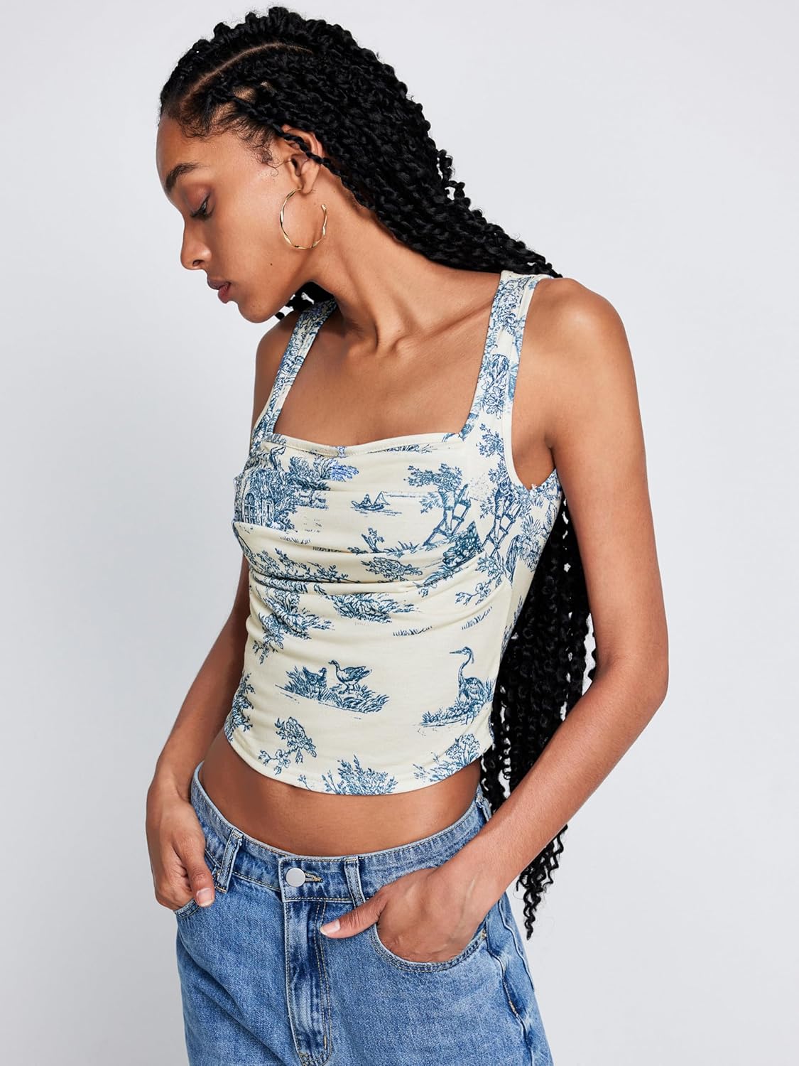 CIDER Women Square Neck Tank Tops Sleeveless Ruched Floral Cute Going Out Summer Trendy Crop Top - Image 4