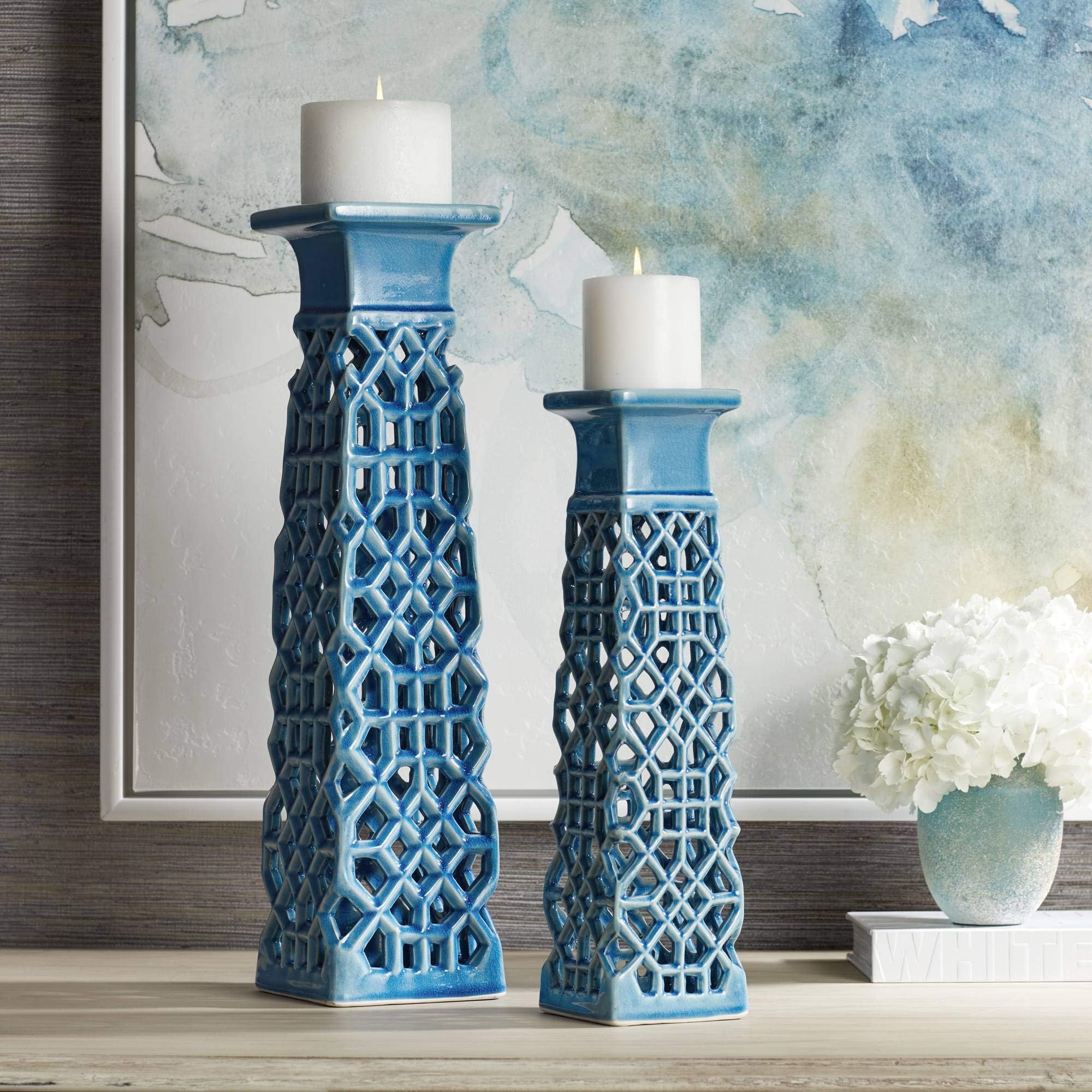 Dahlia Studios Lachlan Light Blue Ceramic Pillar Candle Holders Set of 2