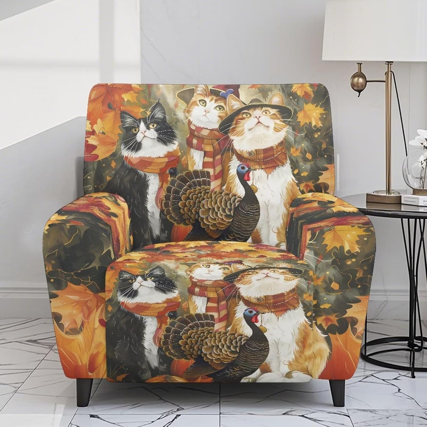 FOR U DESIGNS Cat Turkey Maple Leaf Stretch Recliner Slipcover with Elastic Loops Universal Fit for Living Room Reclining Chairs Easy Install Washable Anti-Slip Protection for Pets