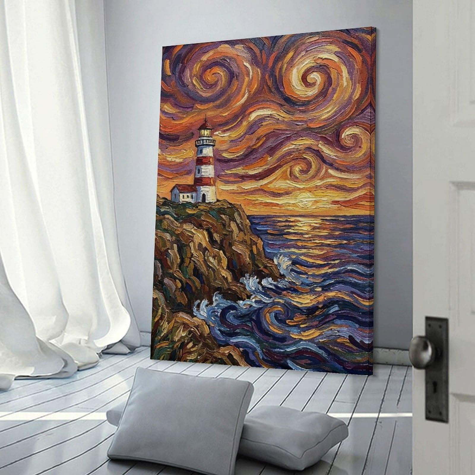 Junmoney Home Decor Wall Art Lighthouse at Sunset Painting, 20x30inch(50x75cm), for New Homes, Bedrooms Or Workspaces, Decorative Present for New Homes