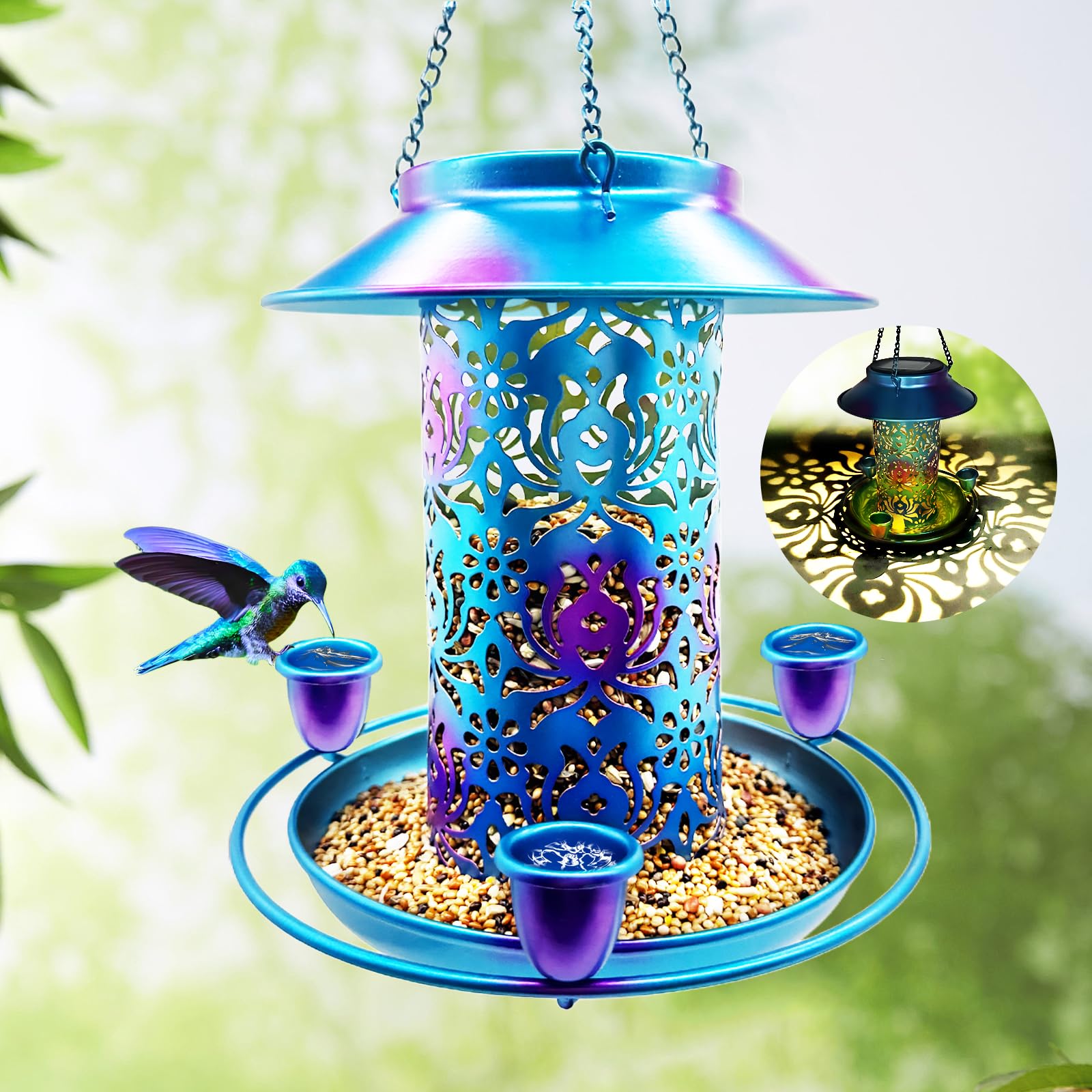 Comedero solar para pájaros para exteriores, 3 tazas de néctar para colibríes, de metal, resistente a la intemperie, linterna de jardín 2 en 1, luz automática por la noche, perfecto para