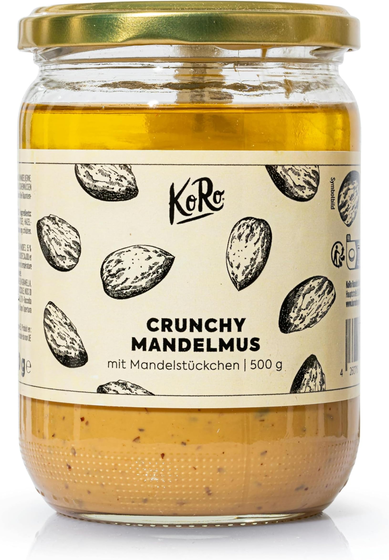 KoRo - Crunchy almond butter 500 g - Creamy paste made from almonds with roasted almond pieces - Valuable source of protein - Perfect as a crunchy topping or spread - Without additives.
