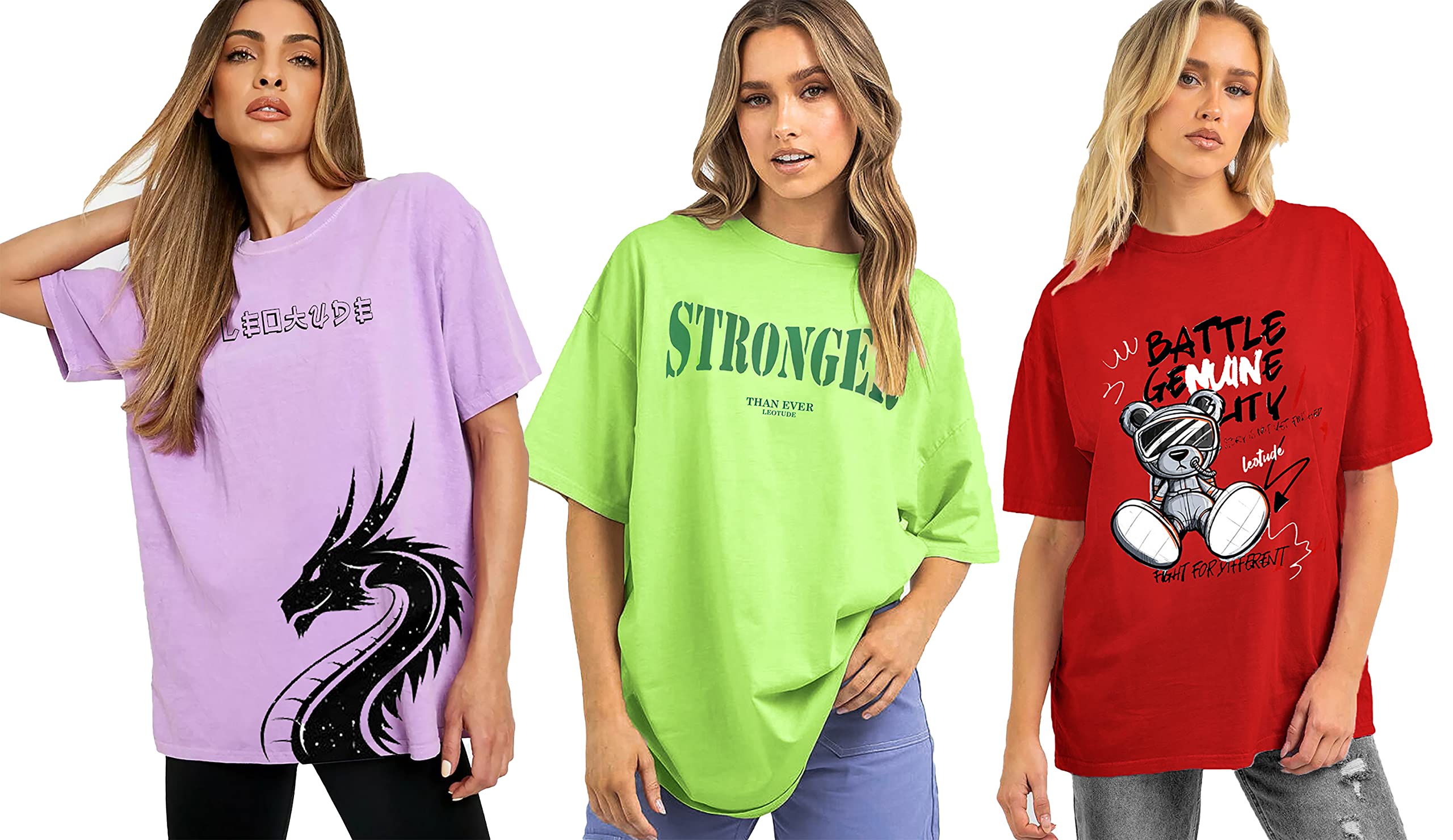 LEOTUDEWomen Half Sleeve Oversized Tshirt, Round Neck Longline Drop Shoulder | Colorful Printed Combo Regular Fit T-Shirt (Pack Of 3)