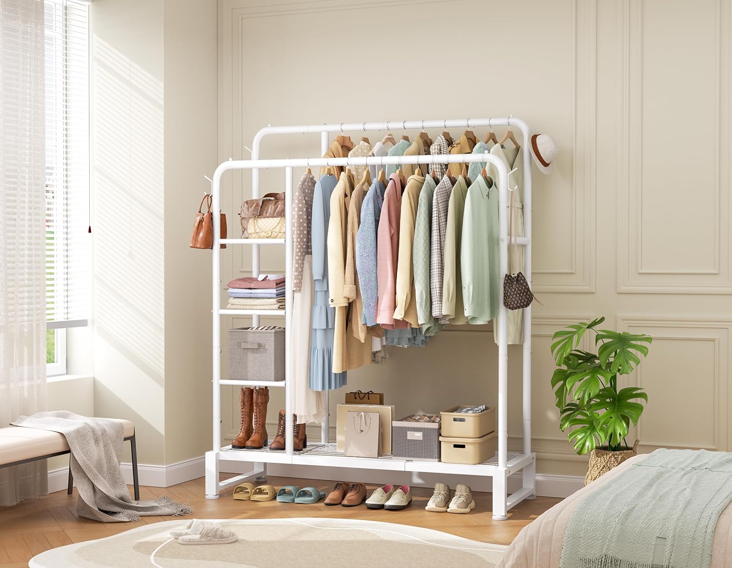 Double Rods Clothes Rack Clothing Rack with 4 Tier Storage Shelves Clothes Rack for Hanging Clothes Multifunctional Heavy Duty Clothes Organizer with Hooks for Bedroom,Wardrobe Closet,Shop,White - Image 2