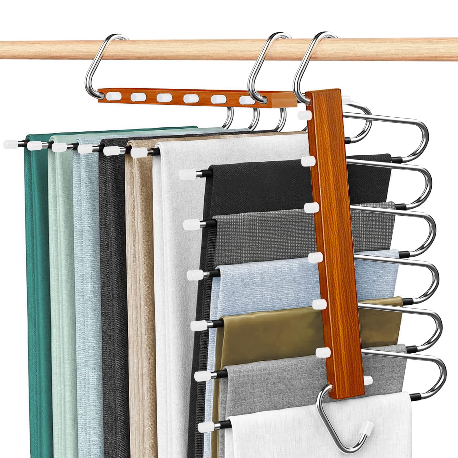 Weeloo Mahogany Trouser Hangers Space-Saving, 2 Pack Wooden Foldable Hanger With Anti-Slip Hooks, Trouser Rack Wardrobe Organiser & Space Saver For Scarf Coat