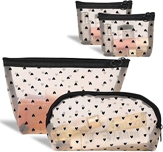 Heart Print Mesh Makeup Bags,4 Pieces Mesh Cosmetic Bags for Women Mini Zipper Mesh Bags Portable Travel Organizing Pouch Purse Makeup Pouches Pencil Case Bags Travel Accessories