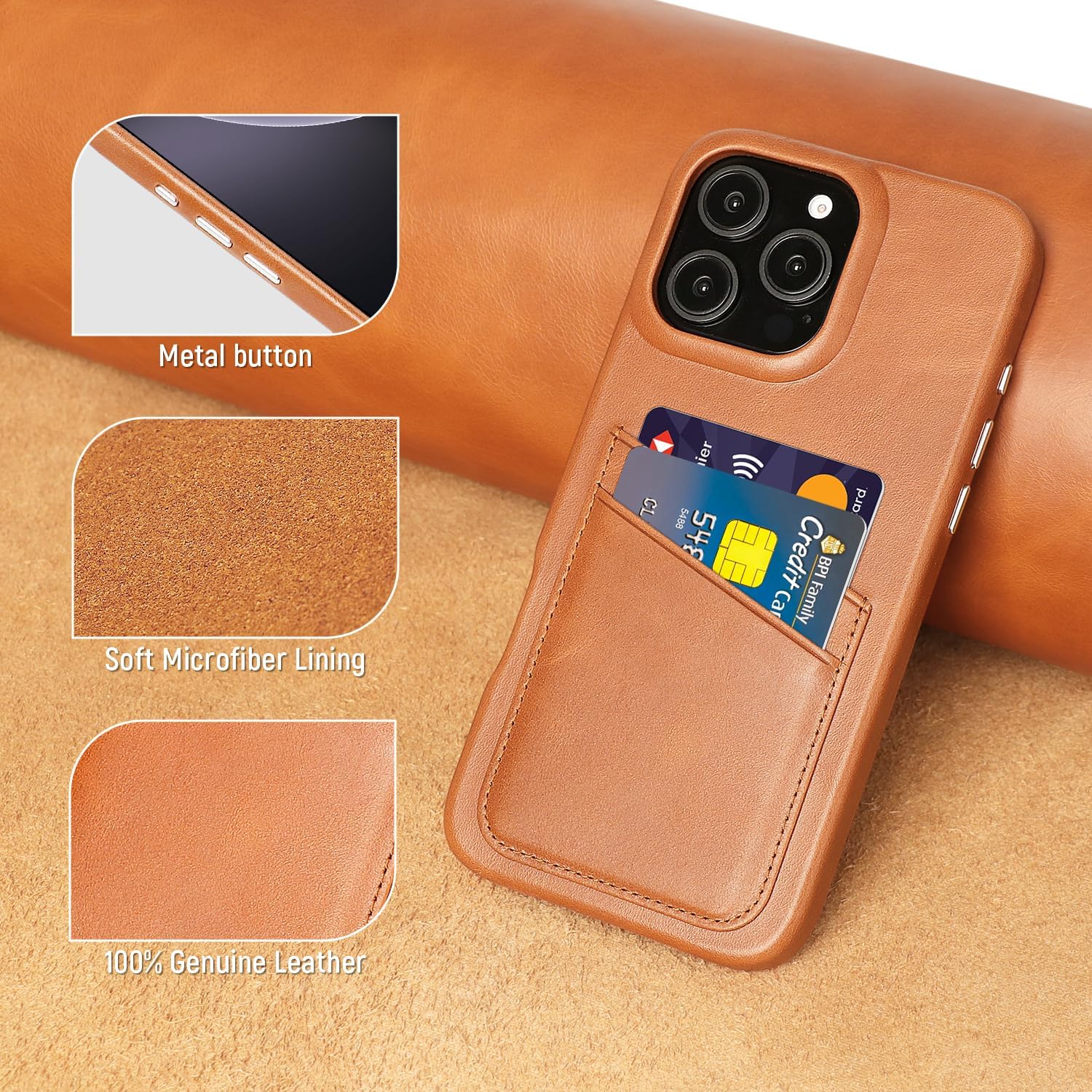 LUCKYCOIN Genuine Leather Wallet Phone Case for iPhone 16 Pro Max, Phone Purse with 2 Credit Card Holder, Compatible with iPhone 16 Pro Max, Metal Button Bumper Protective Shockproof Cover TAN