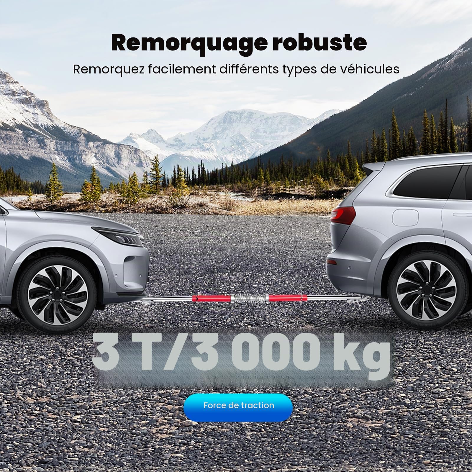 Barre de Remorquage 3T, 3 Pièces, avec Amortisseur à Ressort, 3000KG, Tube en Acier de 2,5MM, Barre de Remorquage de Sécurité, Rouge, avec Sac de Transport, pour Voiture, SUV, Berline (3T)