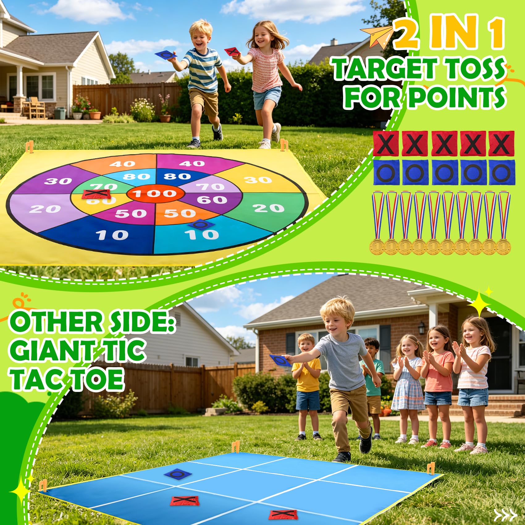 Jeu 2 en 1 Géant Tic Tac Toe & Lancer de Beanbags pour Enfants et Adultes – 1,47 m avec 10 Sacs de Lancer, Recto Verso – Idéal pour Jardin, Plage, Camping & Fêtes de Famille