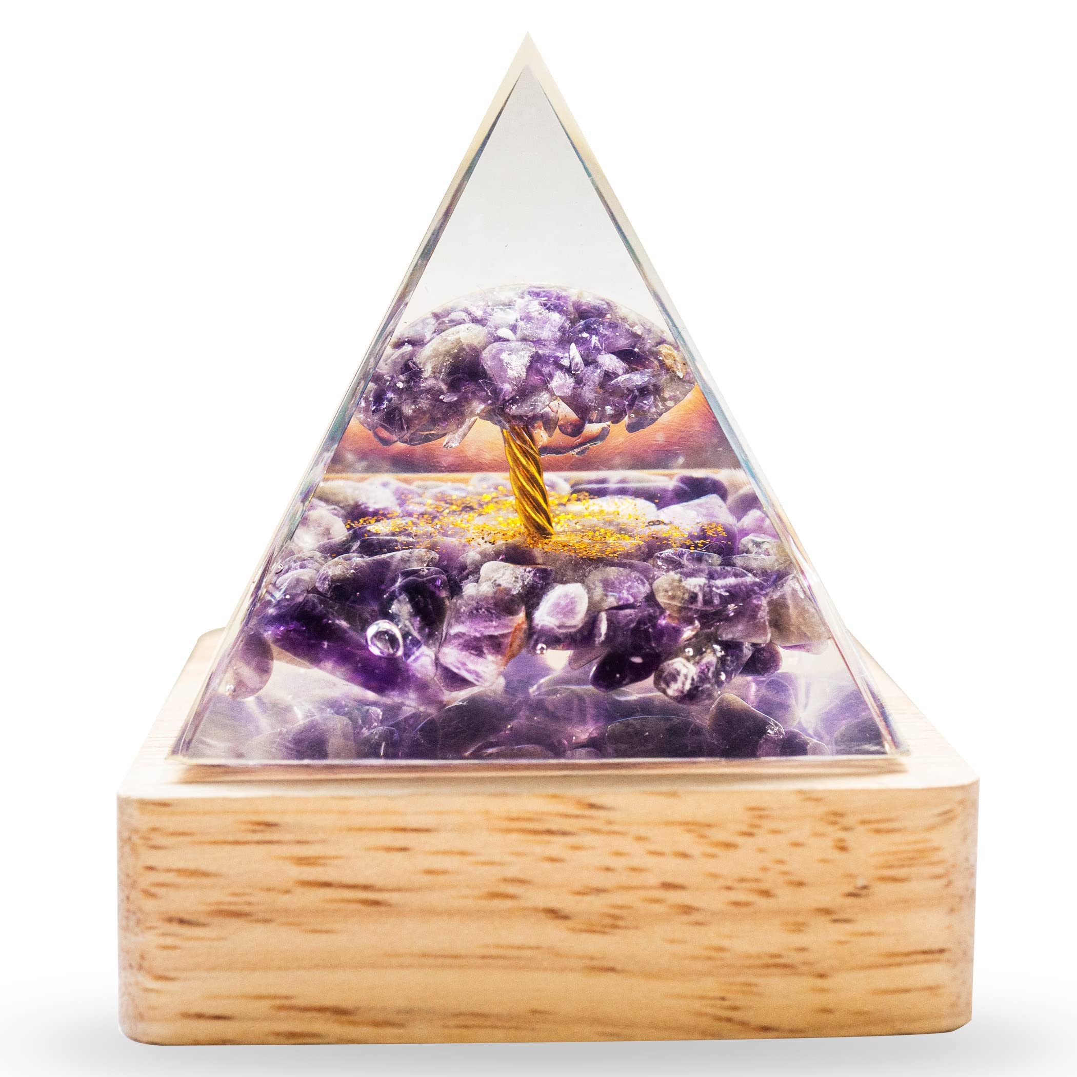 Orgonite Amethyst Pyramid with Light Base for Healing Chakra Crystal Meditation Tree Life Stone Charged Energy Generator for Positive Success Growth Powerful Strength Prosperity Wealth (Sun)