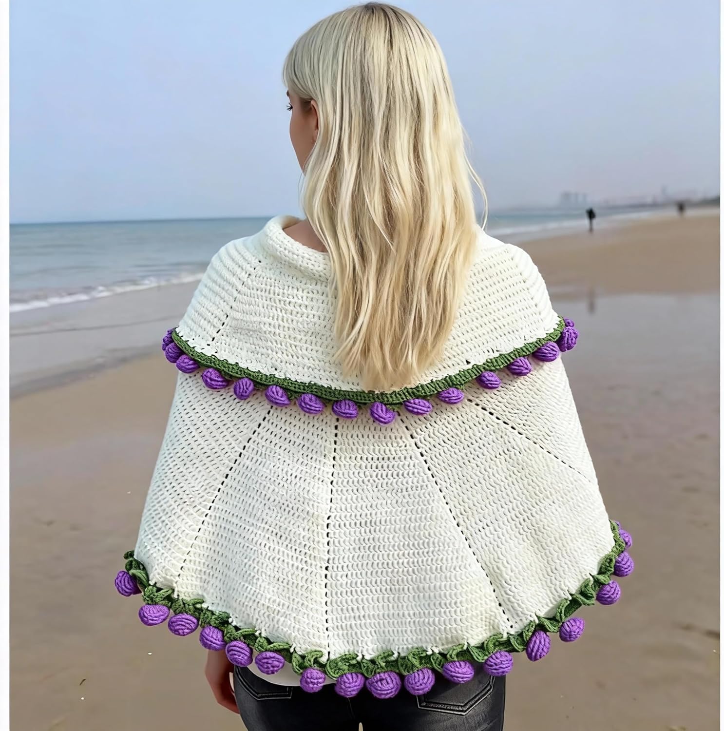 Crochet Flower Bouquet Throw Blanke twith 68 Roses, 43 Inch Round Plush Throw, Gift Card, Felt Gift Box for Her Girlfriend Mom Mother’s Day Valentine Wedding Anniversary Birthday, Purple