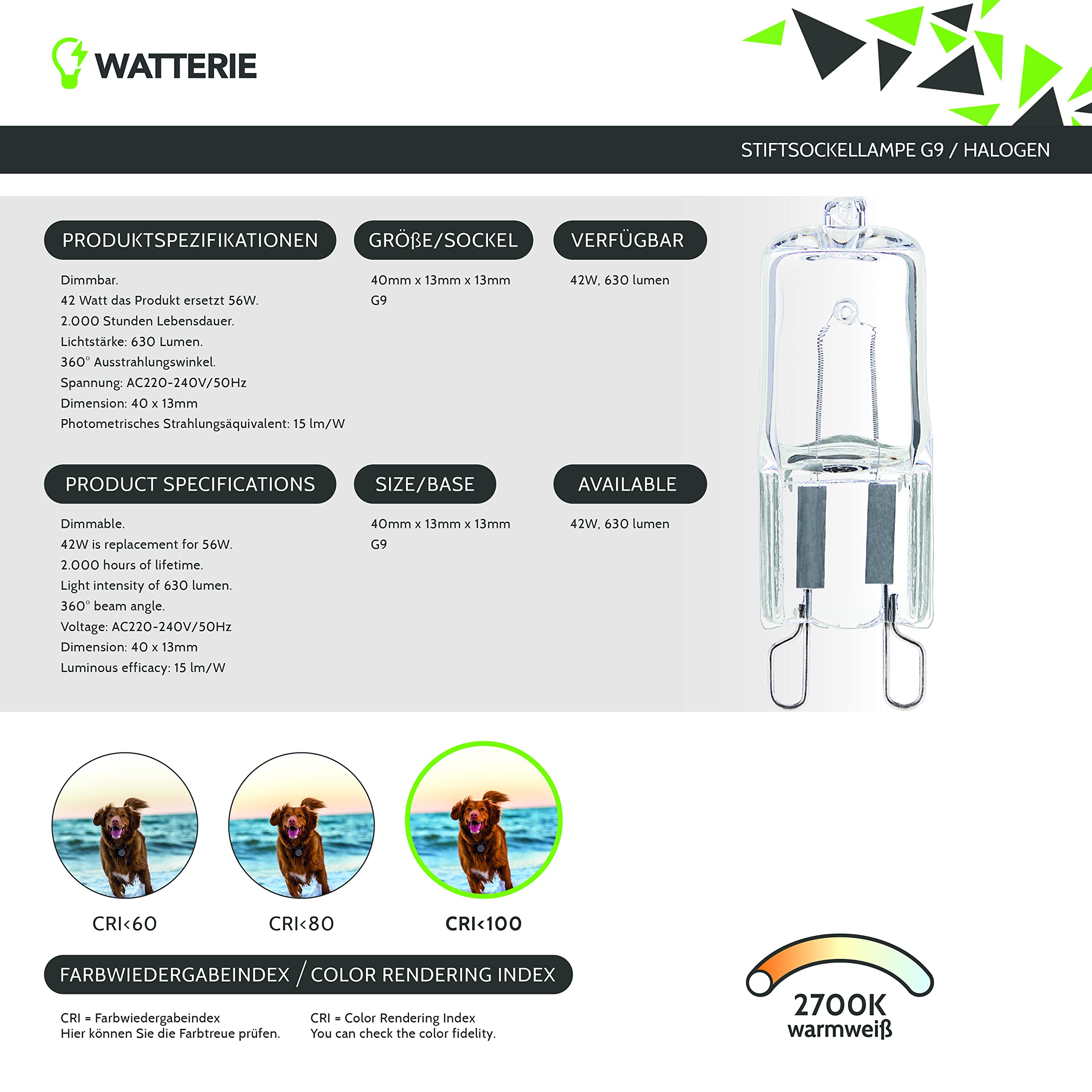 LED Stiftsockellampe 5 Watt 630 Lumen (ersetzt 50 Watt) Warmweiu00df