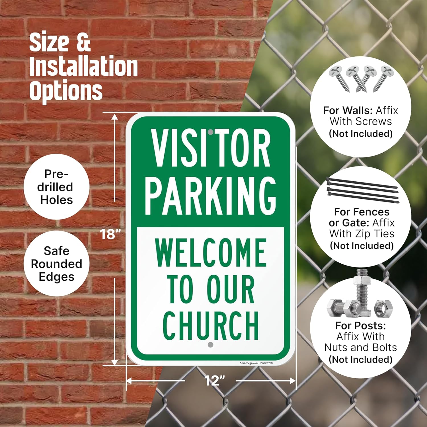 SmartSign Visitor Parking Welcome To Our Church Sign - 2-Pack, 12" x 18", 80 mil Thick Aluminum Composite (ACM), Pre-Drilled Holes, Green and White, Made in USA