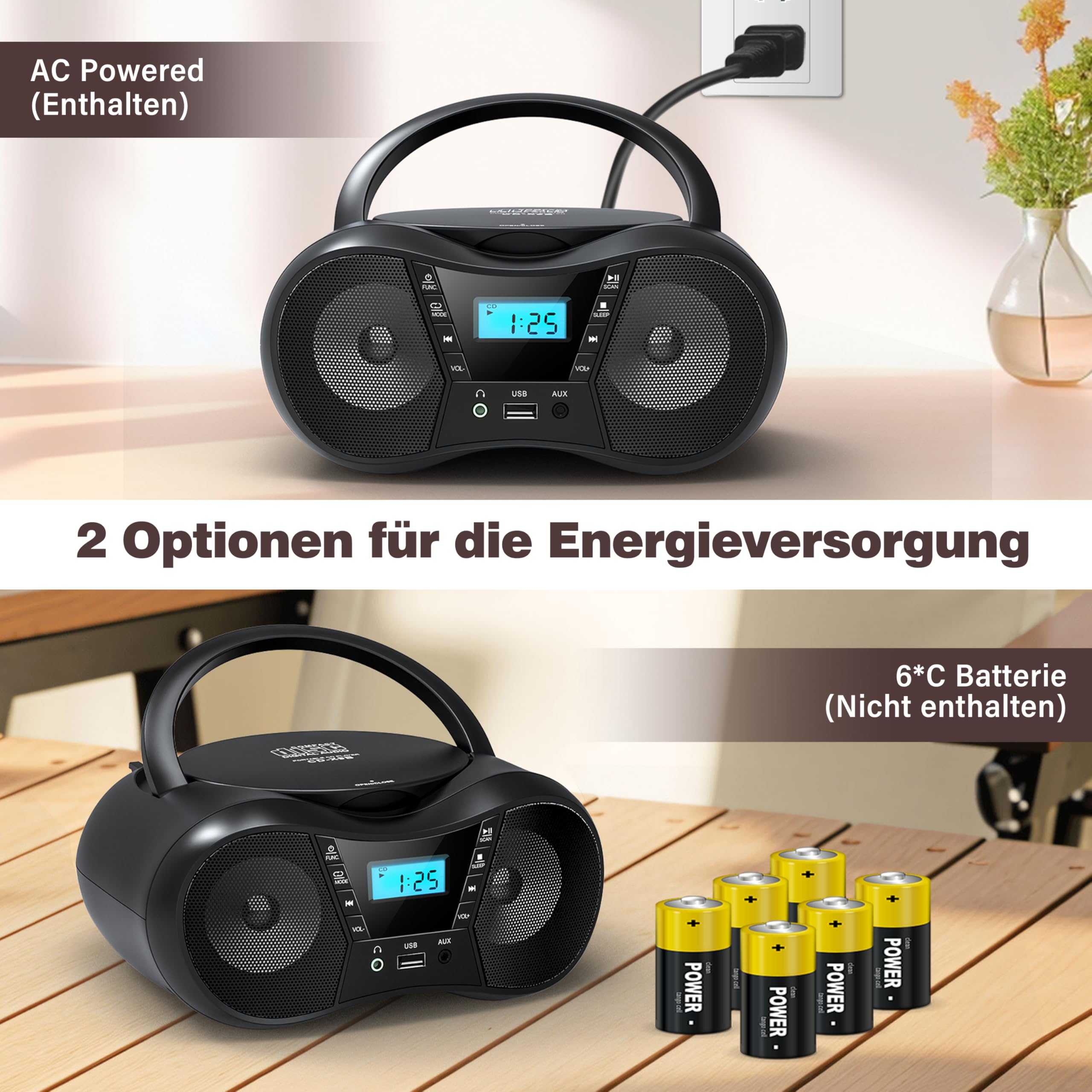 Greadio Tragbarer CD Player Bluetooth 5.1, Boombox Radio mit CD-Player, USB, AUX-In, Netz- und Batteriebetrieb, LCD Display, Kompatibel mit CD/CD-R/CD-RW, CD Spieler für zu Hause oder draußen