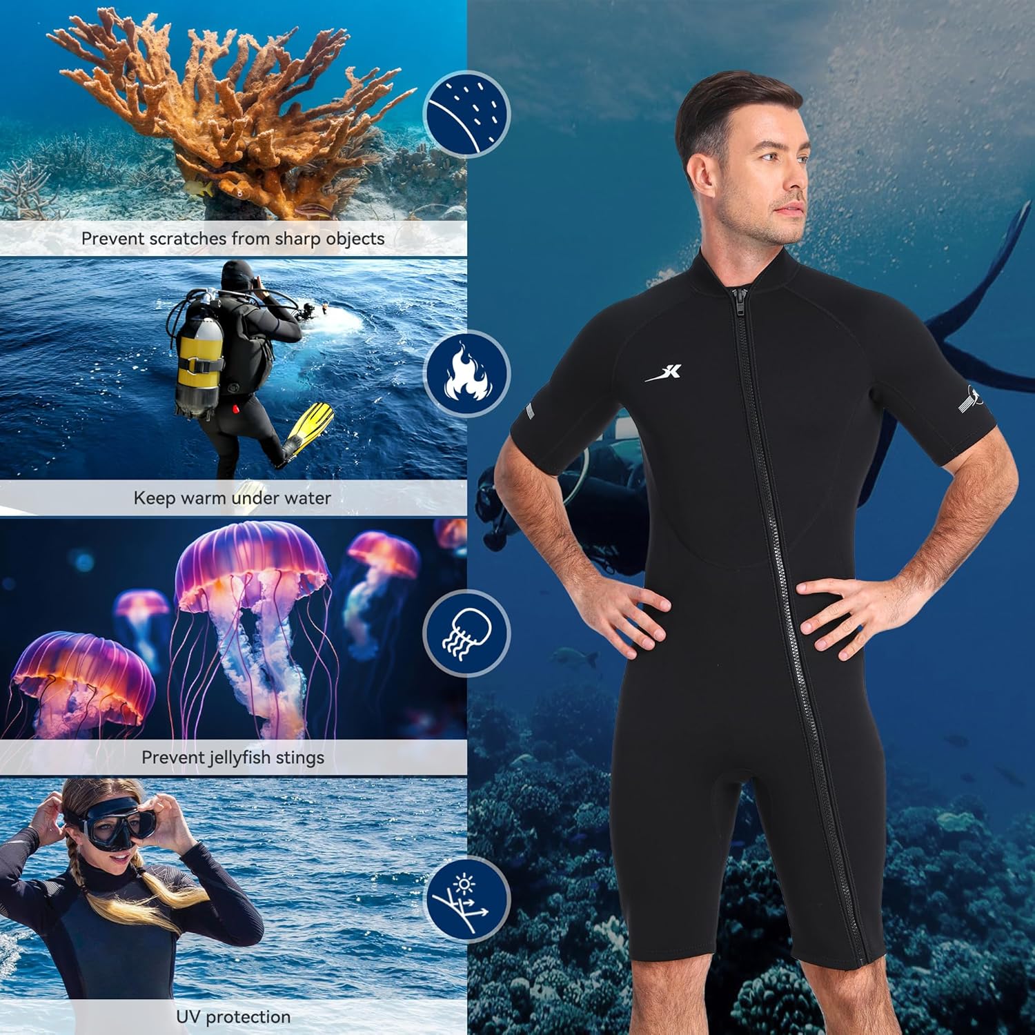 2mm Neoprene Shorty Wetsuit Mens with Front Zip, Diving Suits for Diving Snorkeling Surfing Swimming