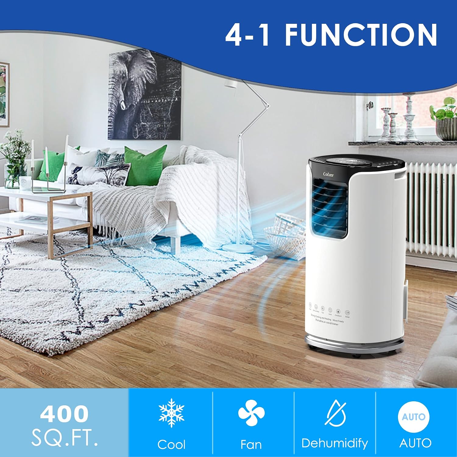 COLZER Portable Air Conditioner showing 4-in-1 functions: Cool, Fan, Dehumidify, Auto