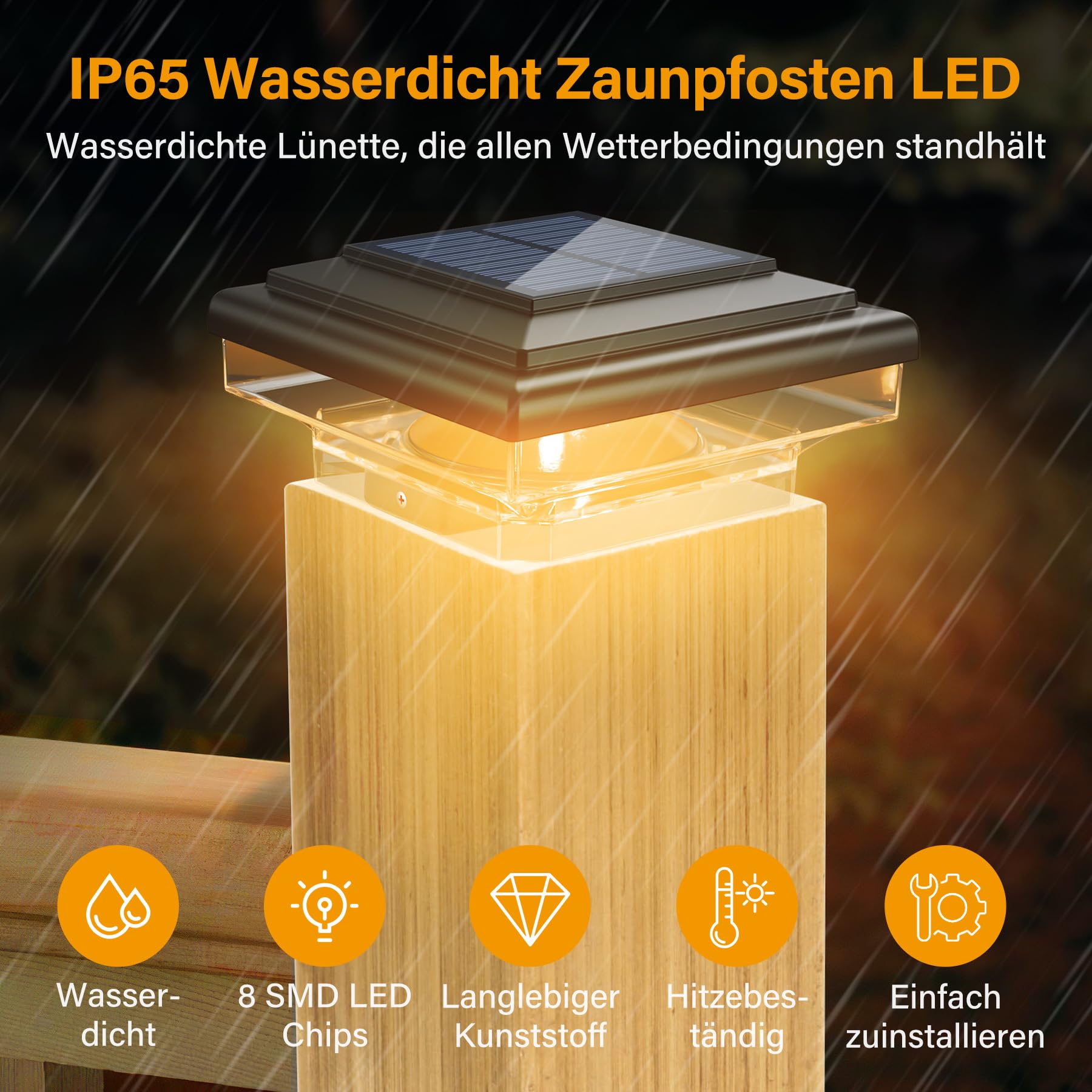 2 Stück Solar Pfostenkappe 7x7 8x8 9x9 10x10 Pfostenkappen Licht Solar Pfostenleuchte, Zaunpfosten Lampe Solarlampe Außen Säulenlampe IP65 Wasserdicht für hölzerne Pfosten Zaun
