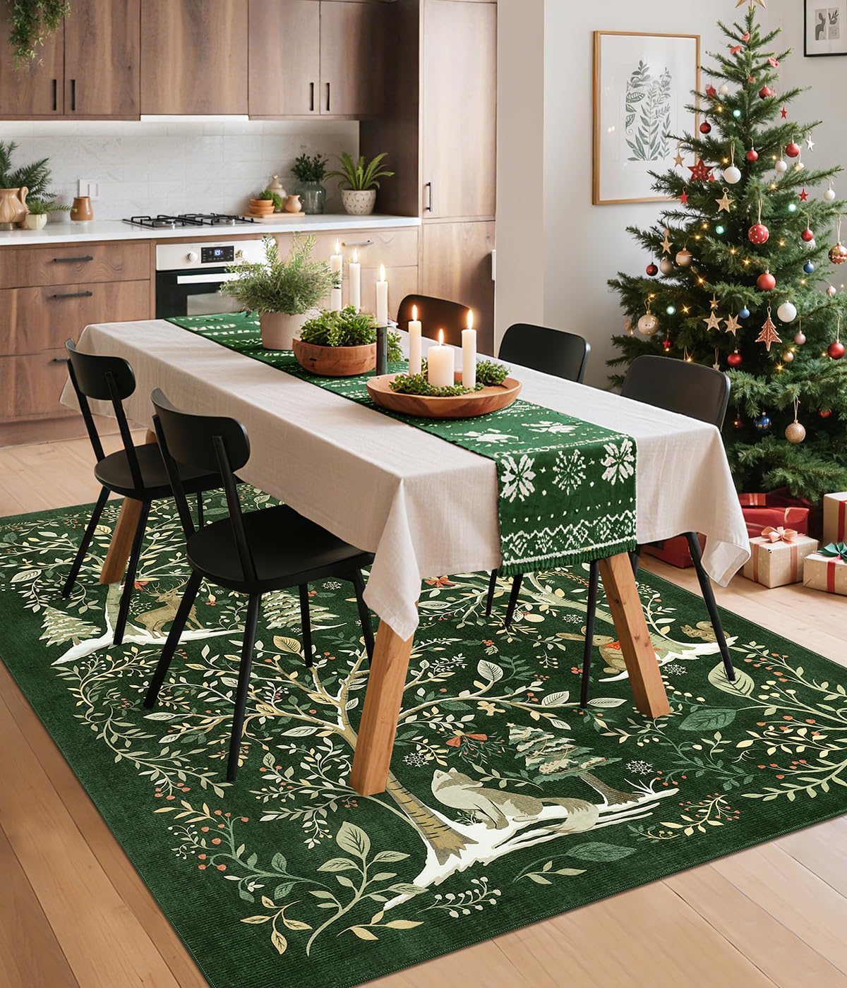 GarveeHome Christmas Area Rug 5x7, Christmas Forest Green Rugs for Dining Room Floor mat Under Table with No-Slip Backing Animal Print Soft Holiday Carpet for Bedroom Nursery Festival Decor
