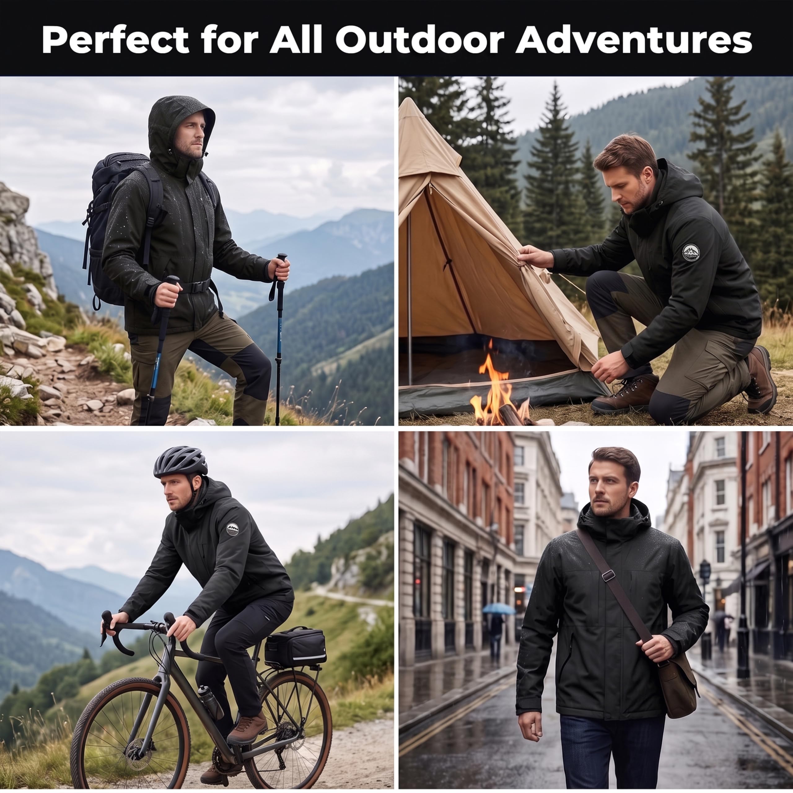 Veste Déperlante Homme Double Couche Coupe-Vent Léger Manteau Randonnée Extérieur Capuche Amovible