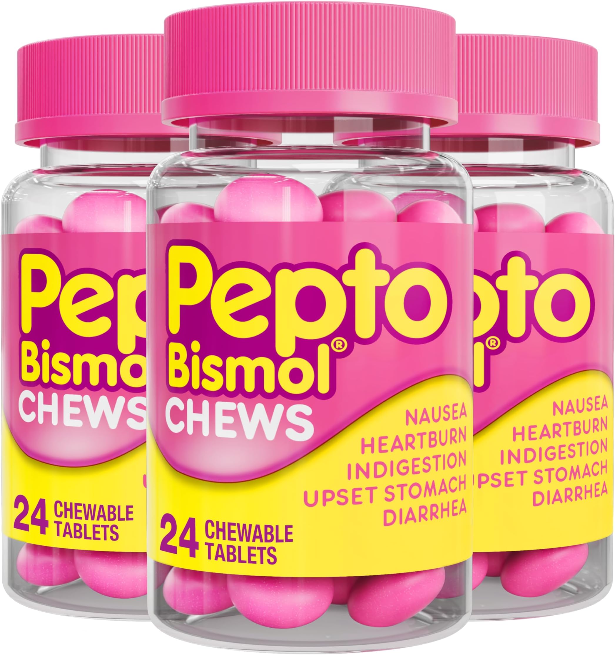 Chews, Fast and Effective Digestive Relief from Nausea, Heartburn, Indigestion, Upset Stomach, Diarrhea, 24 Chewable Tablets x 3, 72 Total (Packaging May Vary)