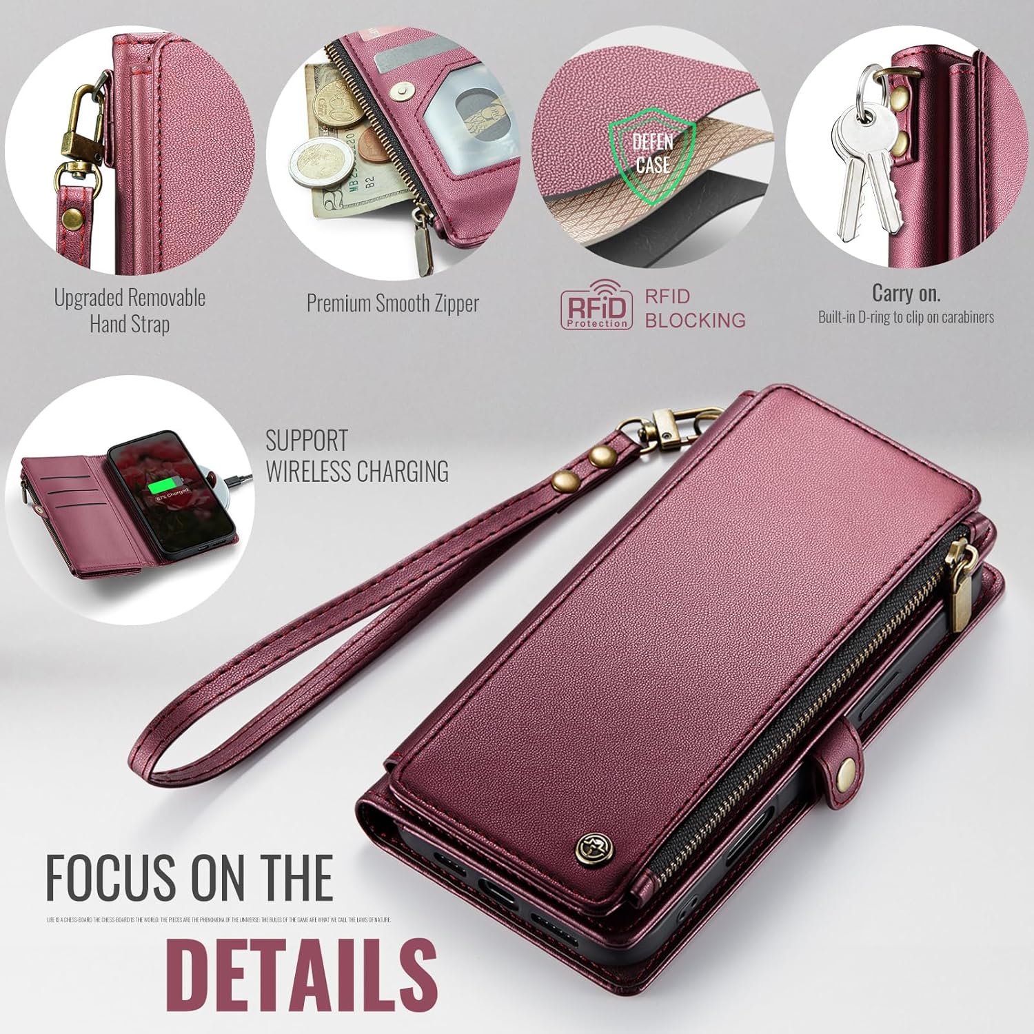 Defencase for Samsung Galaxy S25 FE Case Wallet with RFID Blocking Card Holder for Women and Men, PU Leather Magnetic Snap Flip Zipper Strap Wallet Phone Case for Galaxy S25 FE 5G 6.7", Wine Red
