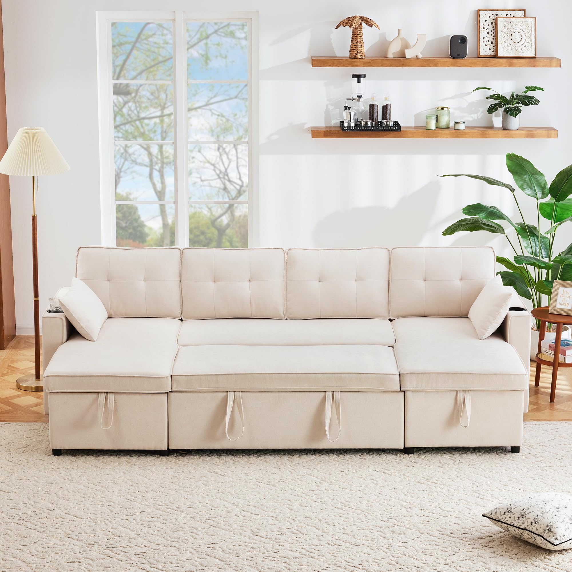 Lcoho Sofá cama con función de dormir, sofá en forma de U, sofá tapizado, tela de algodón y lino, con soporte para bebidas, espacio de almacenamiento, adecuado para familias, salones, etc.