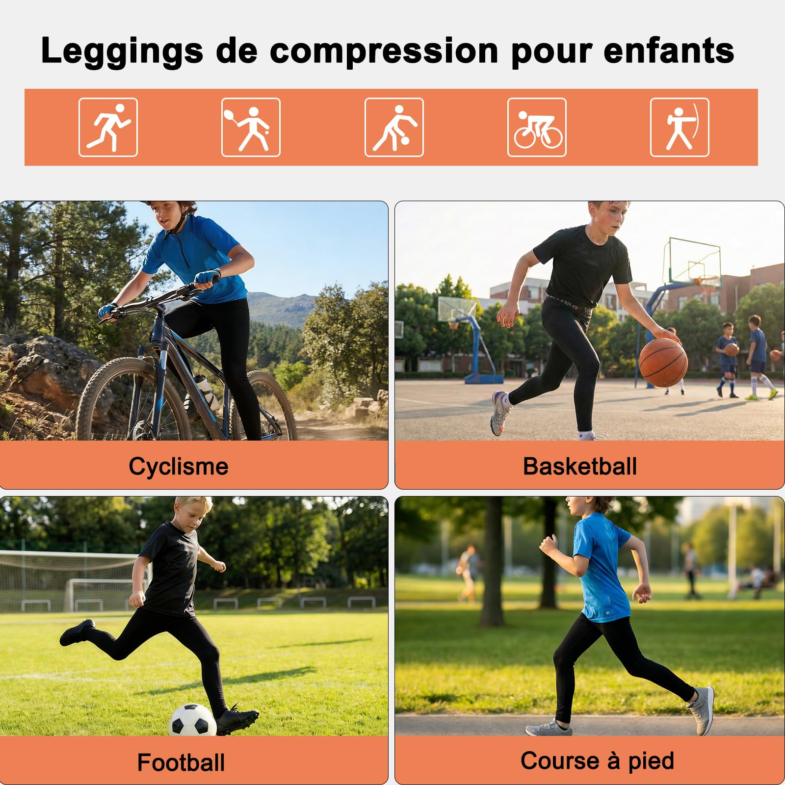 Pantalon de Compression Garçons Séchage Rapide Respirant Collants Leggings Enfants Base Layer Running Léger Élasticité Tights Sports sous-Vêtements Football Basket-Ball