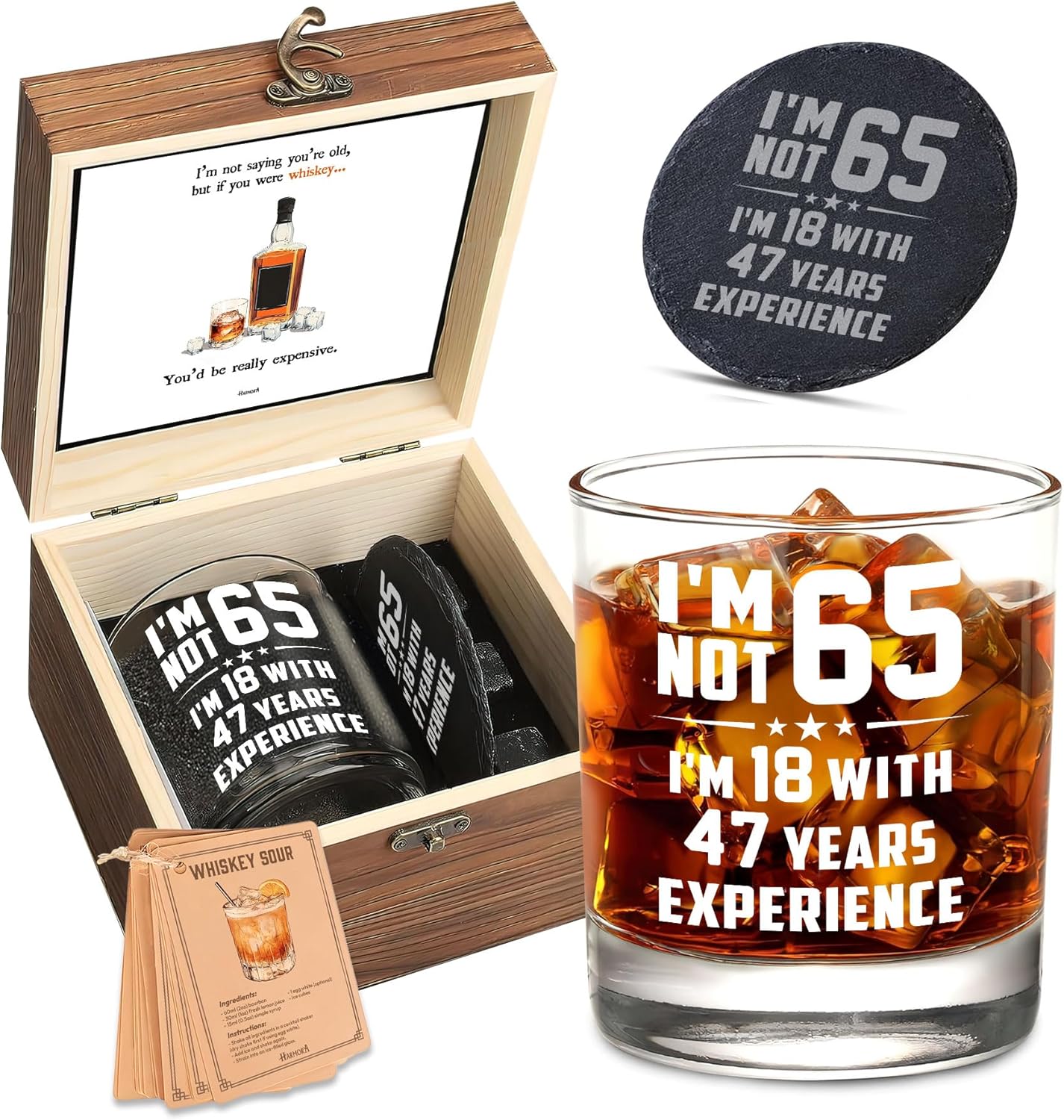 Harmora 65th Birthday Gifts for Men – Funny Whiskey Glass Set for Him Born in 1961 – 65 Year Old Gift Ideas for Dad, Grandpa, Husband, Friends – Wooden Box, Coaster, Cards