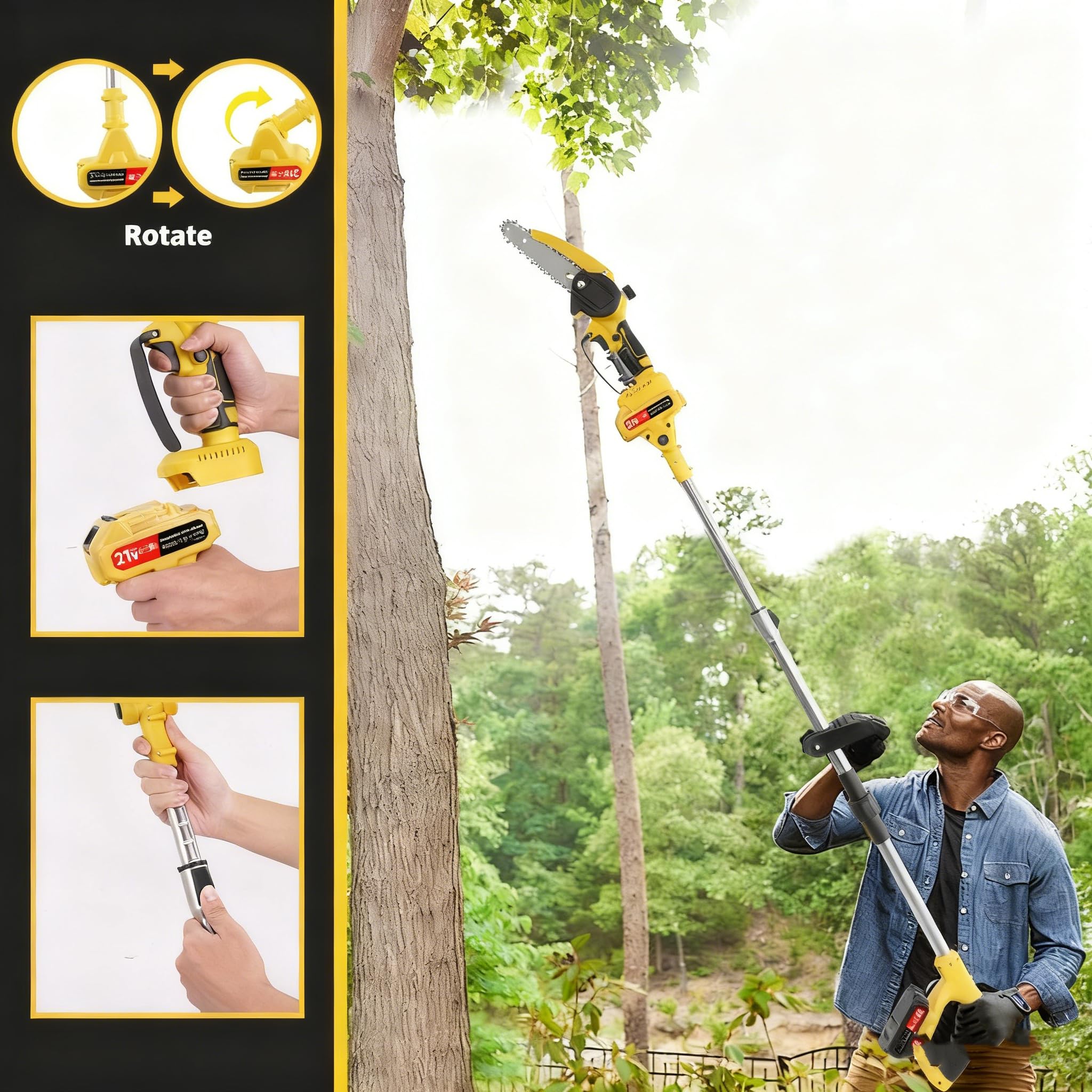 Eléctrico Pertiga Telescopica Podar, 2-in-1 Pertiga Podar, Acero Inoxidable, Alcance Máximo 1,72m, 2 X 2000mAH, Sierra de Podar Telescópica para Podar Palmas y Arbustos