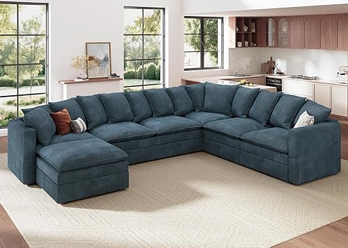 Miniatura 15 de HONBAY Sofá modular seccional, sofás seccionales de pana para sala de estar, sofá en forma de U con almacenamiento, color verde