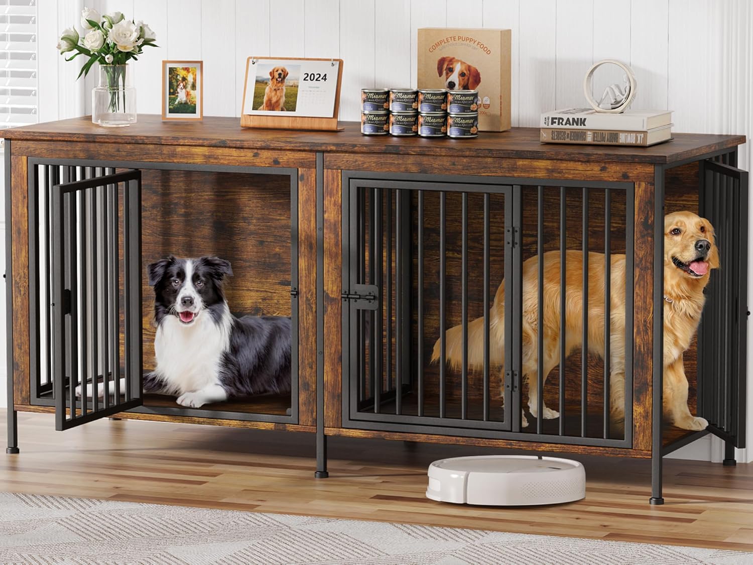 EasyCom Dog Crate Furniture for 1 or 2 Dogs — modern wood finish with removable divider