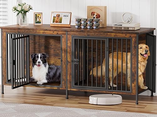 EasyCom Mueble de jaula para perros de 78 pulgadas para 2 perros, jaula doble extragrande para perros de razas grandes, soporte de TV de madera