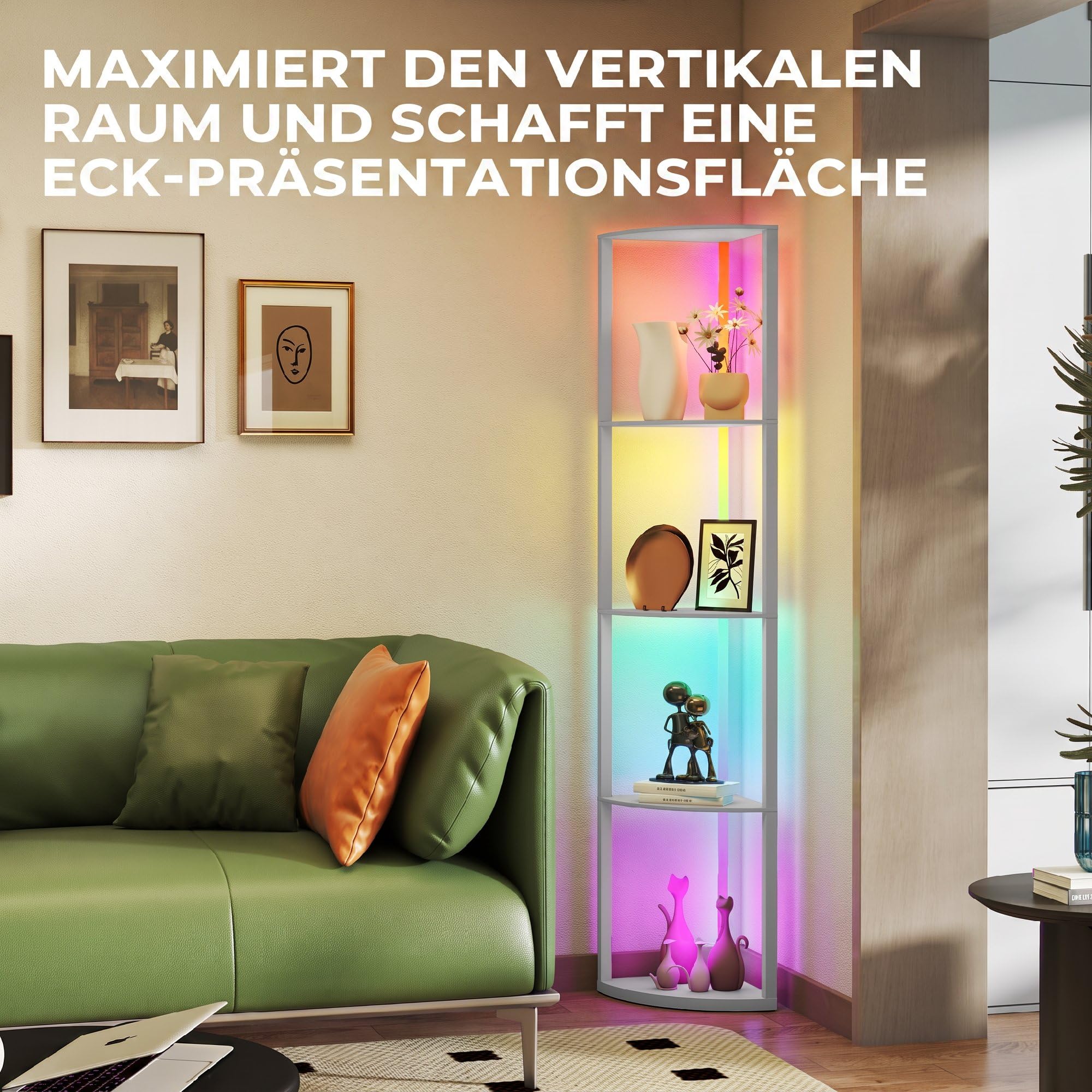 HOMCOM lampa podłogowa LED RGB z półkami, 4-poziomowa, z regulacją jasności i pilotem, nowoczesna lampa narożna do salonu, sypialni i biura, szara