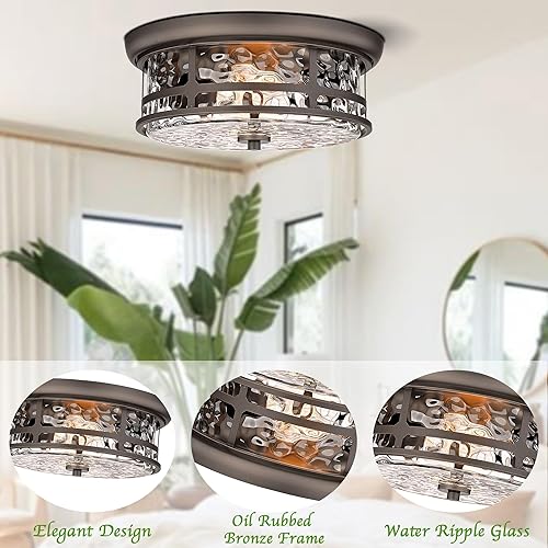 Miniatura 4 de Lámpara de techo empotrada para comedor, casa de campo con 2 luces cerca del techo con vidrio de burbujas para sala de estar, pasillo, dormitorio