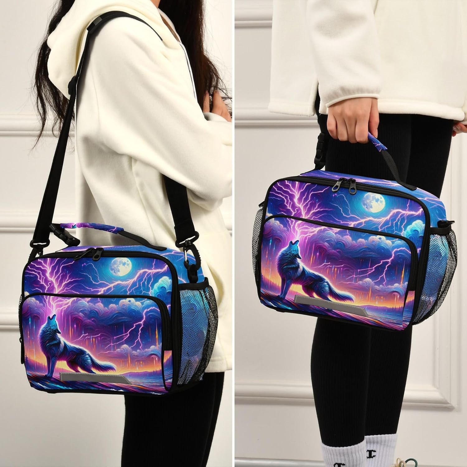 Wolf Howling in Moon Night Lunch Box for Boys Girls Insulated Lunch Bag Kids Cooler Tote Shoulder Strap Reusable School Picnic Travel Office