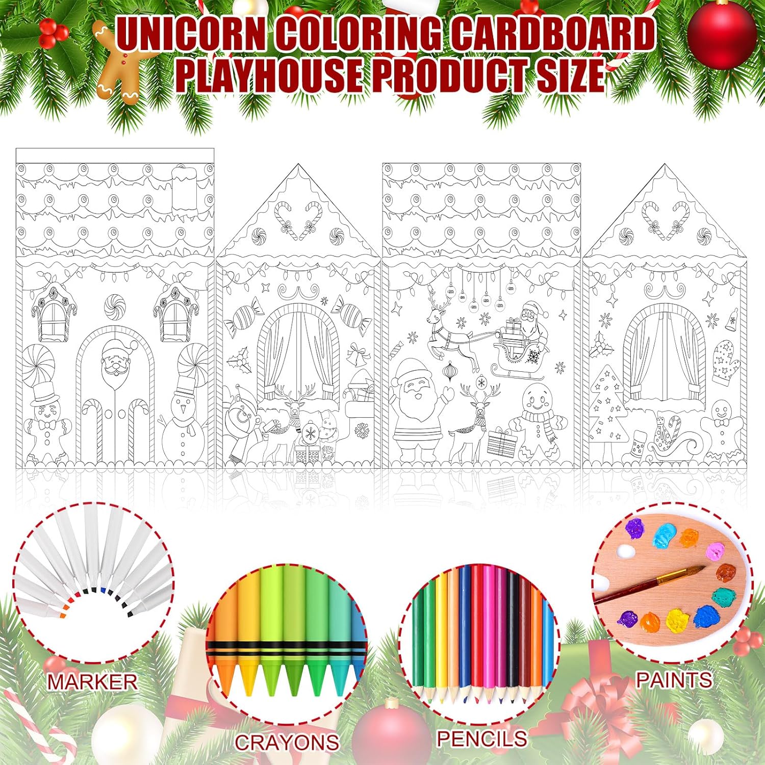 Christmas DIY Cardboard Gingerbread House Kit Unfinished Coloring Gingerbread Playhouse Cardboard Fort Christmas Arts & Crafts Activity Indoor Outdoor, 32 x 26.5 x 40.5 Inch