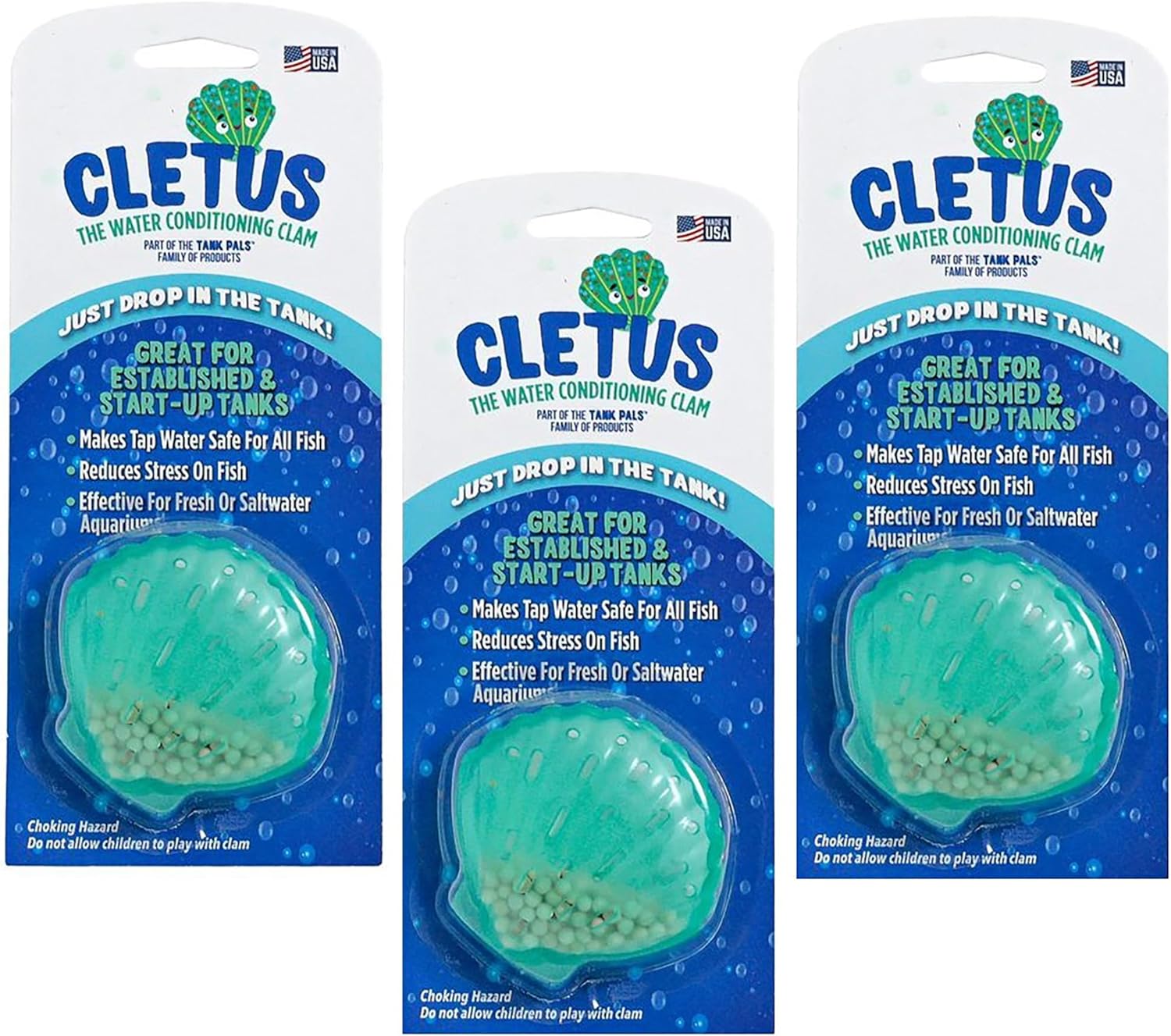 Cletus The Water Conditioning Clam - 3 Pack, Blue - Fish Tank & Aquarium Water Preparation, Chlorine Neutralizer & Heavy Metal Filtration