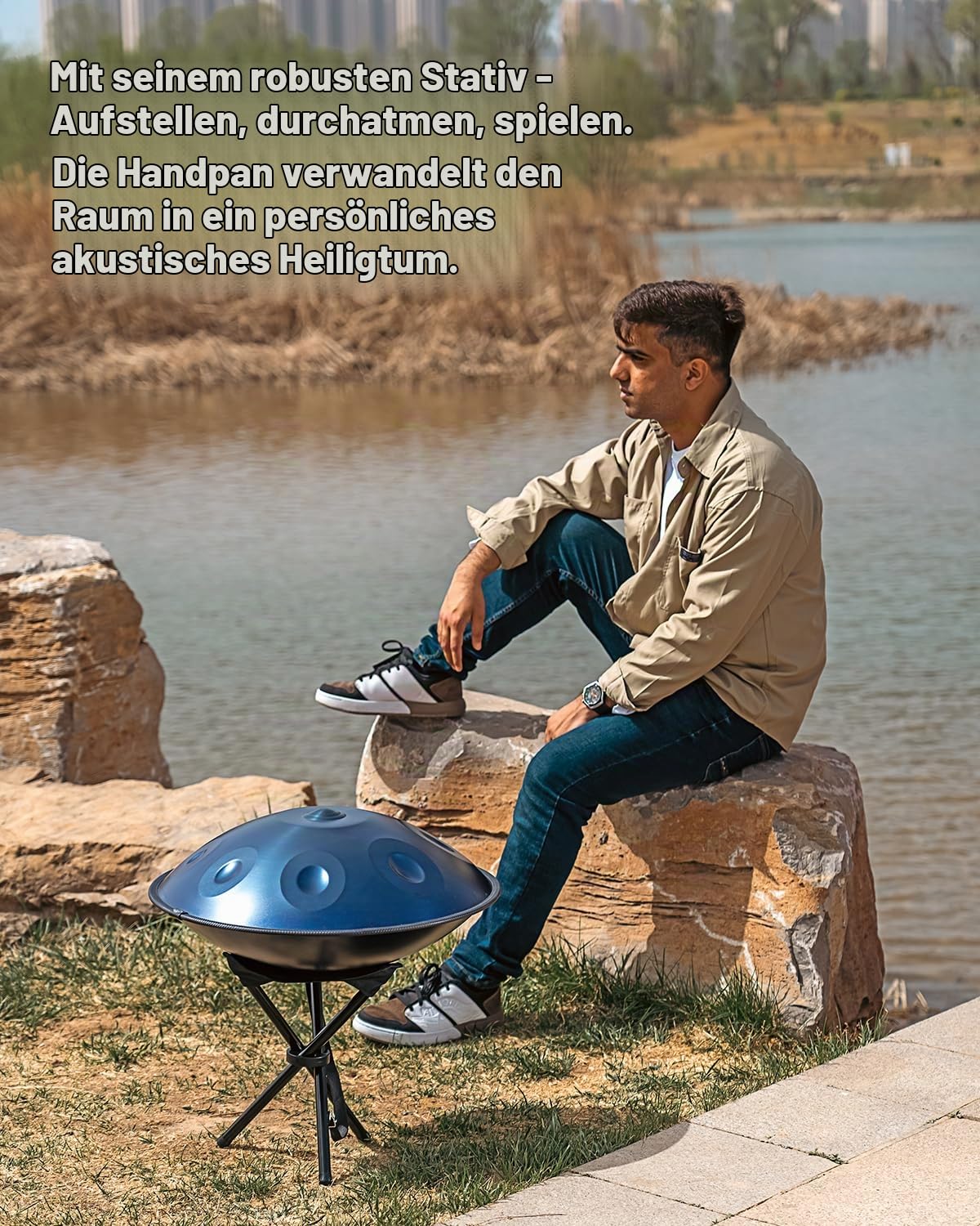 Handpan instrument 440 hz d-Moll 22 Zoll Hand Pan Stahltrommel hand drum 9 Notas 10 Notas 12 Notas Premium-Stahlzungentrommel für Meditation und Entspannung (Blue, 9yin)
