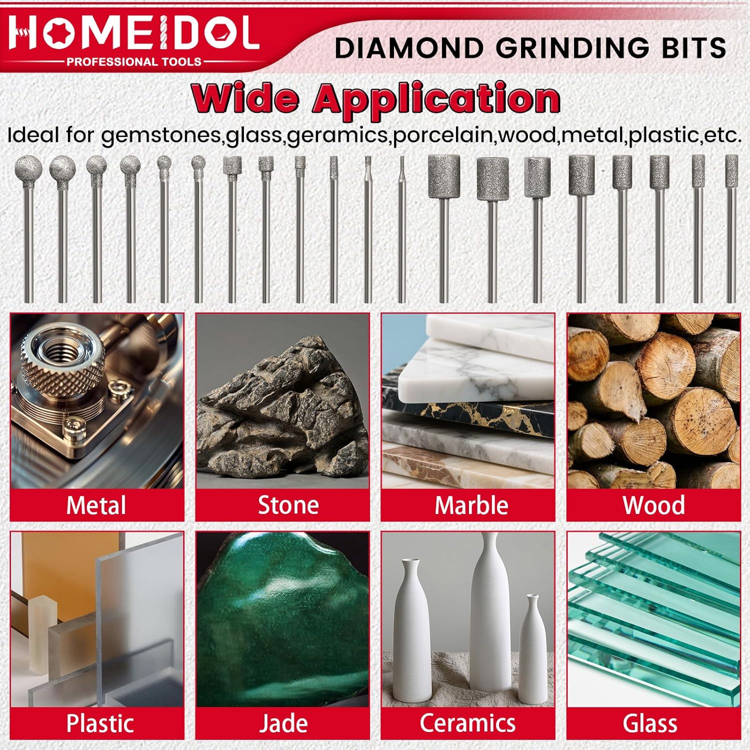 23PCS Engraving Bits for Dremel bits, HOMEIDOL Diamond Grinding Bit with 3 Collets, Hollow Shape, Cylindrical, Ball Shape 3/32", 1/8" Shank Rotary Tool Bits for Stone Glass Polishing Carving