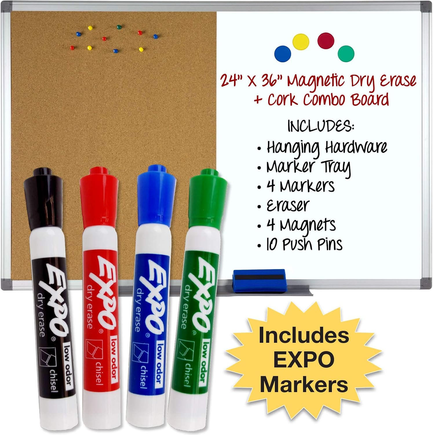 Dry Erase and Cork Combo Board 24x36, Aluminum