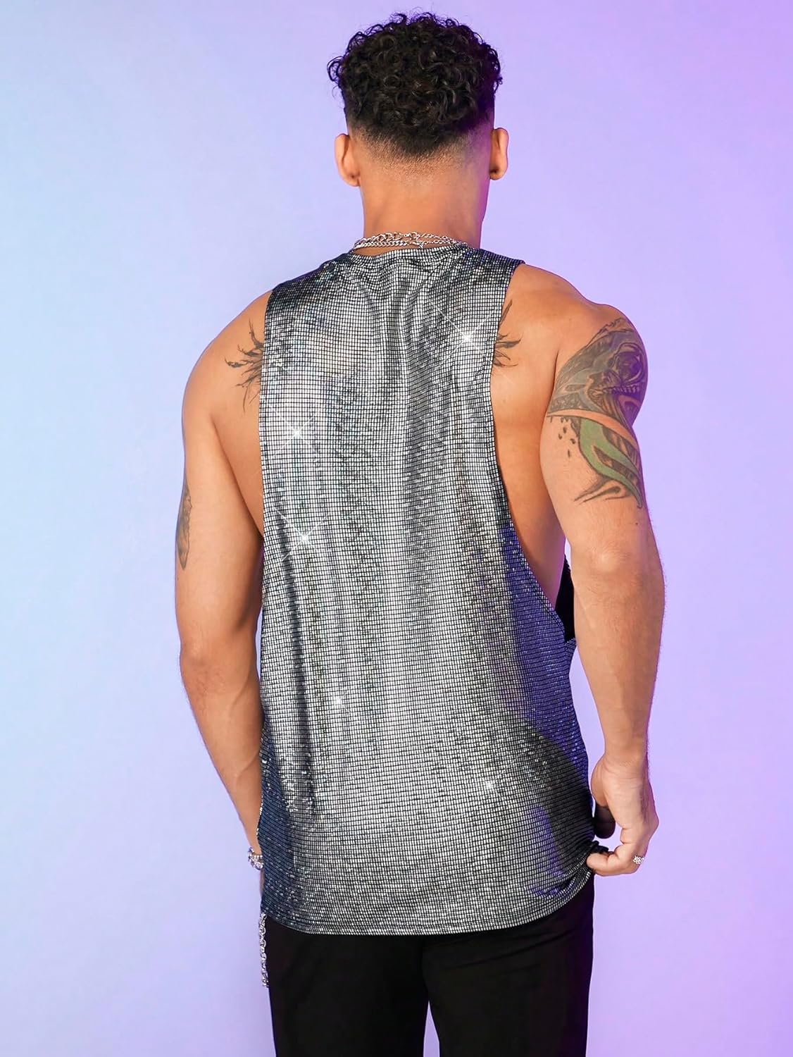WDIRARA Men's Metallic Glitter Sequin Tank Tops Cut Out Round Neck Party Club Sleeveless Tops - Image 2
