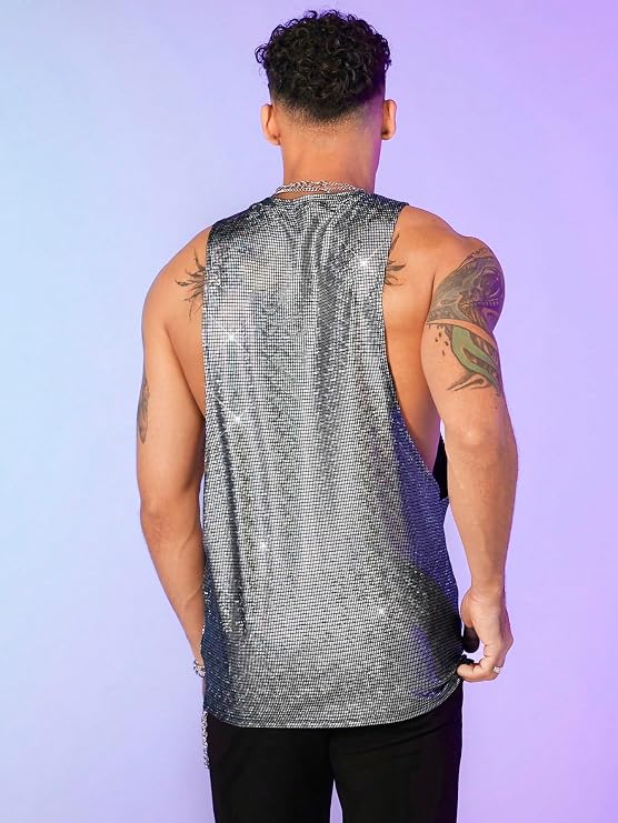 WDIRARA Men's Metallic Glitter Sequin Tank Tops Cut Out Round Neck Party Club Sleeveless Tops