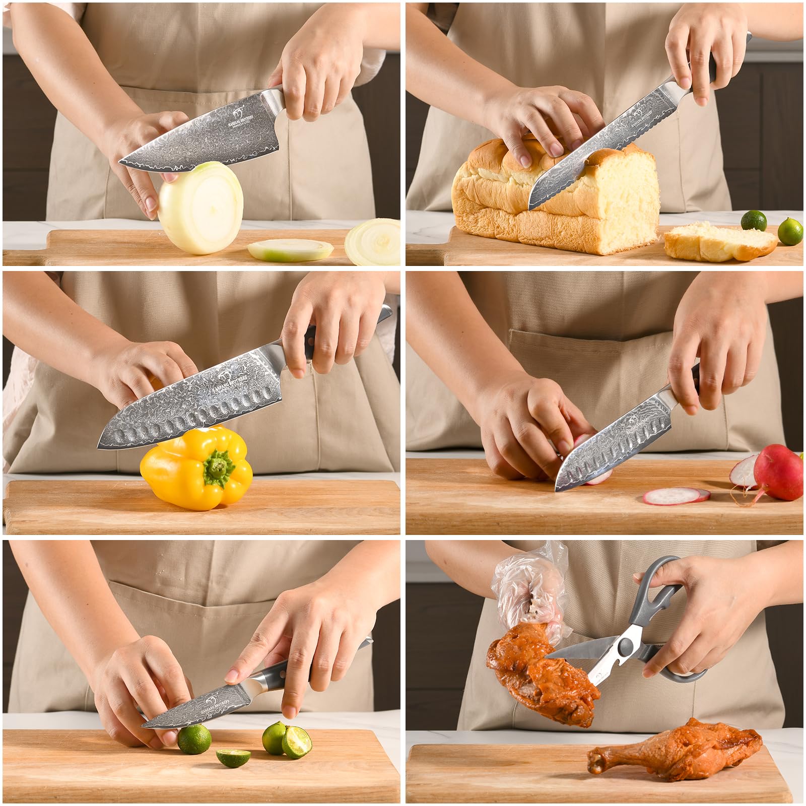NANFANG BROTHERS Set di coltelli da cucina Damasco 7 pezzi con blocco, manico in ABS antiscivolo, set di coltelli in acciaio inox ultra affilati con blocco, coltello da chef, coltello da pane, ecc