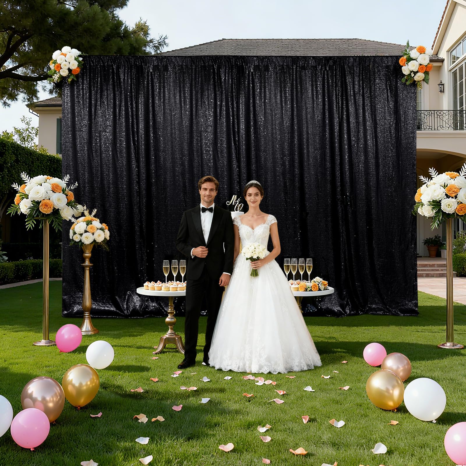 SquarePie Sfondo con paillettes opaco in raso non trasparente Photo Booth Fotografia Sfondo Selfie Wall Video Live scintillante Tenda per matrimonio Patry 3,2 x 2,5 m, nero
