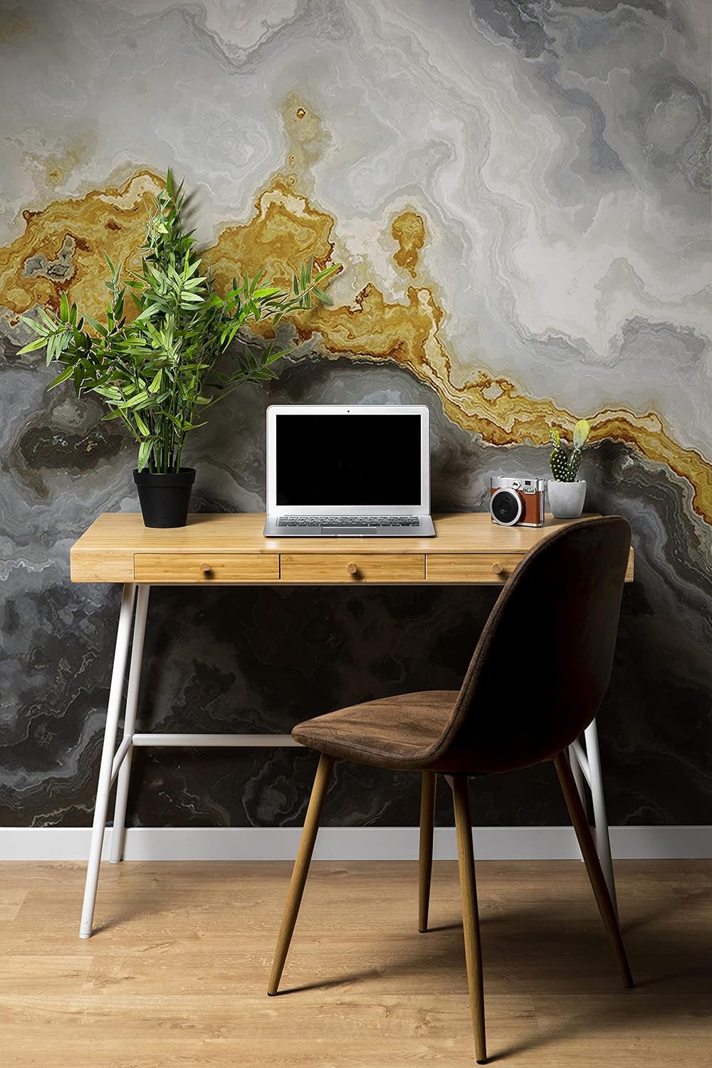 Gray and Gold Marble Stone Quartz Agate Peel and Stick Wallpaper Gold Splash Design | Removable Wall Mural. #6190. (9ft H X 12ft W)